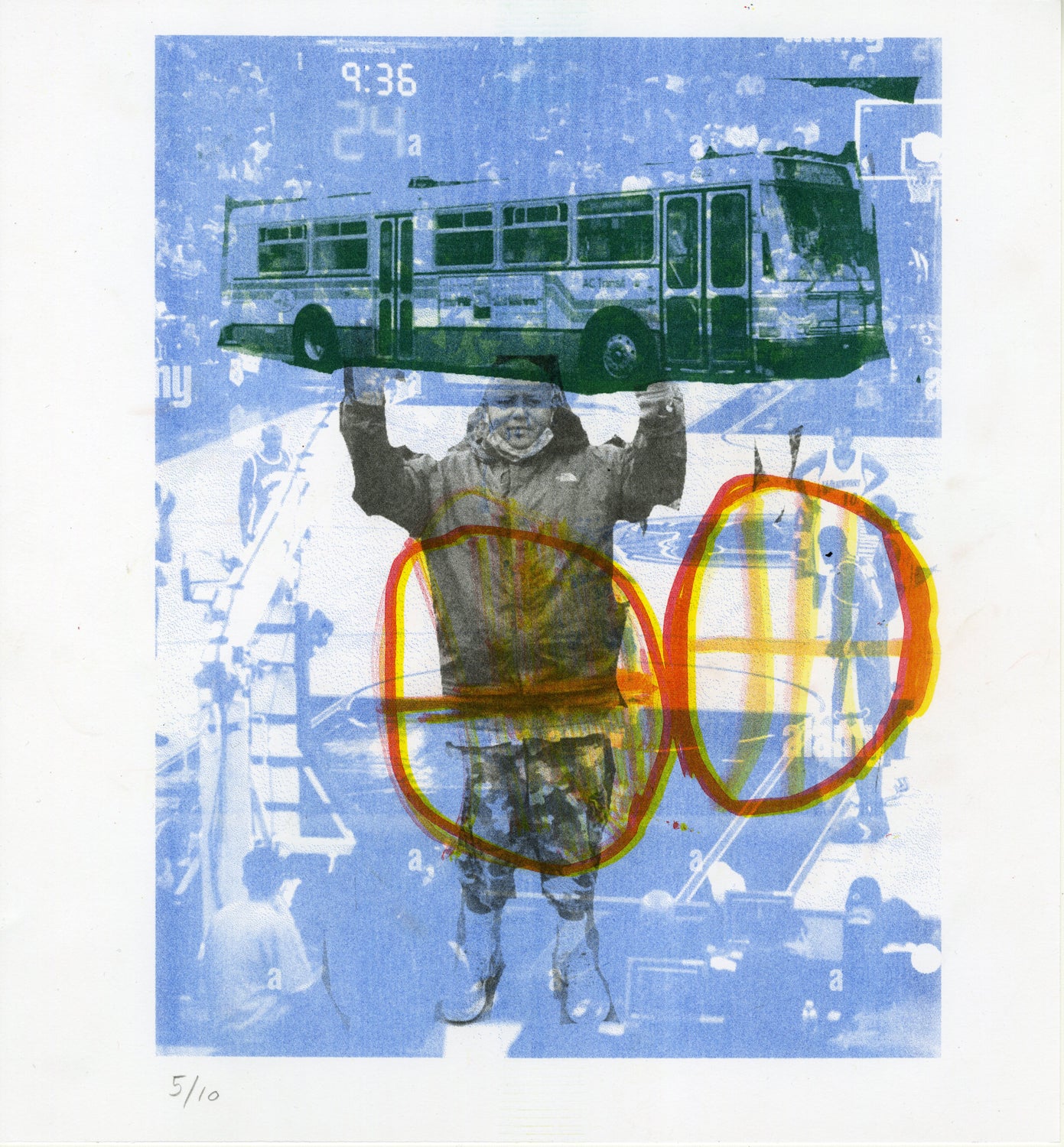 A collage featuring several elements layered together. The background consists of a blue-tinted, low-opacity scene from what appears to be a sports event with indistinct outlines of people and equipment. In the foreground, there is a black-and-white photograph of a person dressed in winter clothing, who is holding up a green bus above their head. The bus is horizontally aligned and somewhat translucent, showing the sports scene faintly visible through it. Overlaid on the image are two thick, orange-red circ