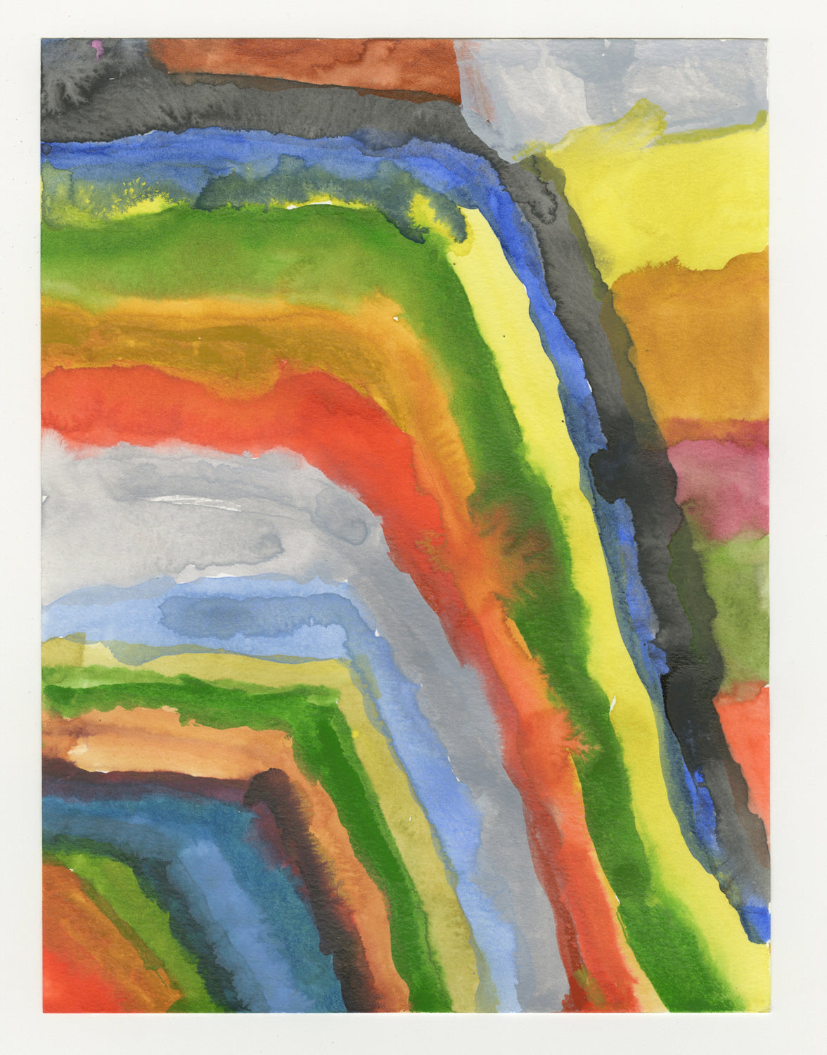 A vibrant, abstract, watercolor painting of a rainbow against a white background.