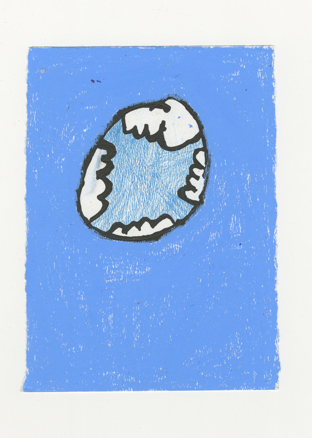 An abstract drawing of the Earth, with white, cloud-like shapes on the perimeter of the Earth against a darker blue background.