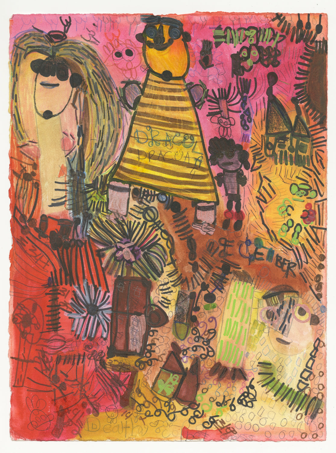 This watercolor and marker painting is vibrant and bold, with the background being predominantly bright pink and red. This is piece includes a combination of figures, objects and landmarks, sections in which are outlined in black ink to create a strong sense of contrast.