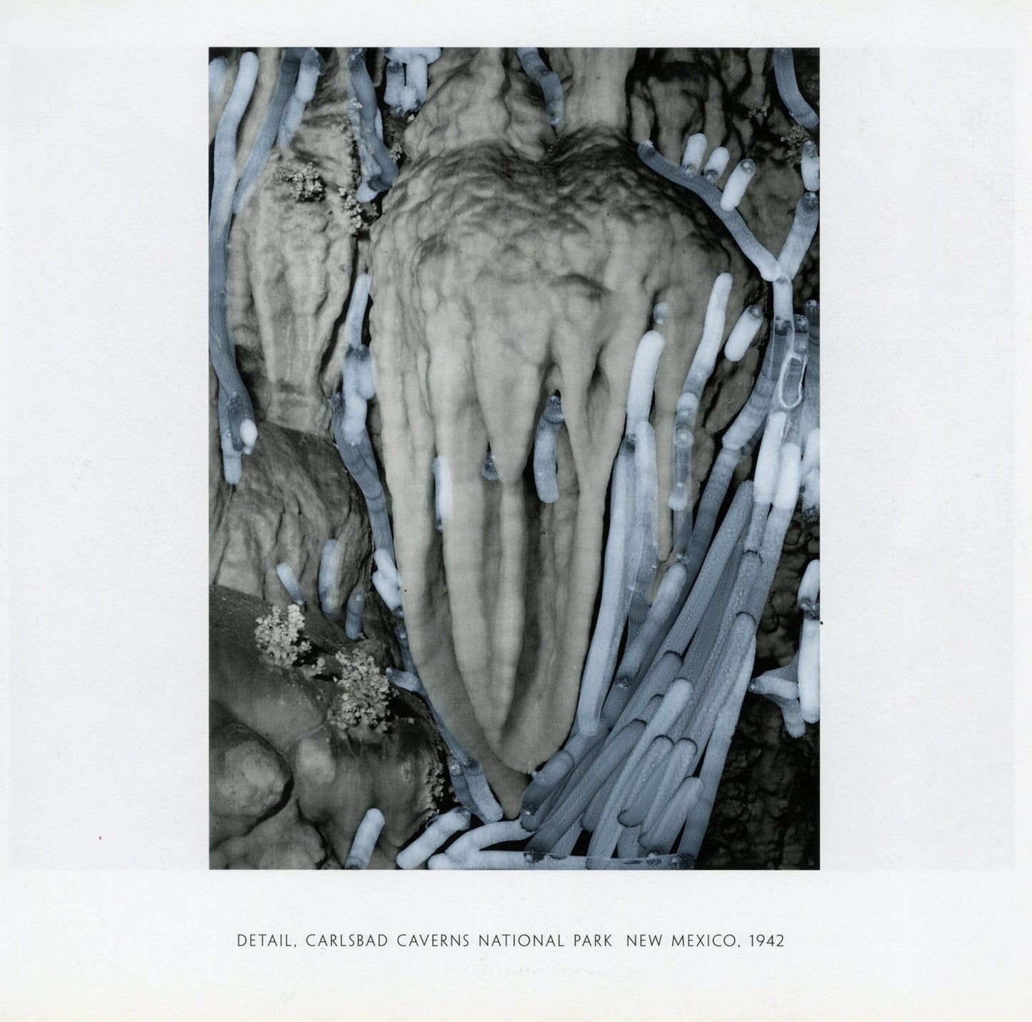 A black and white photograph by Ansel Adams depicting a section of stalactites and stalagmites in Carlsbad Caverns National Park, New Mexico. The natural formations are prominently displayed, showcasing their intricate textures and organic shapes. The surface of these formations is marked with ridges and grooves, giving a sense of their rough texture. Over the photograph, there are grey acrylic marker marks, adding an overlay of vertical strokes and lines.