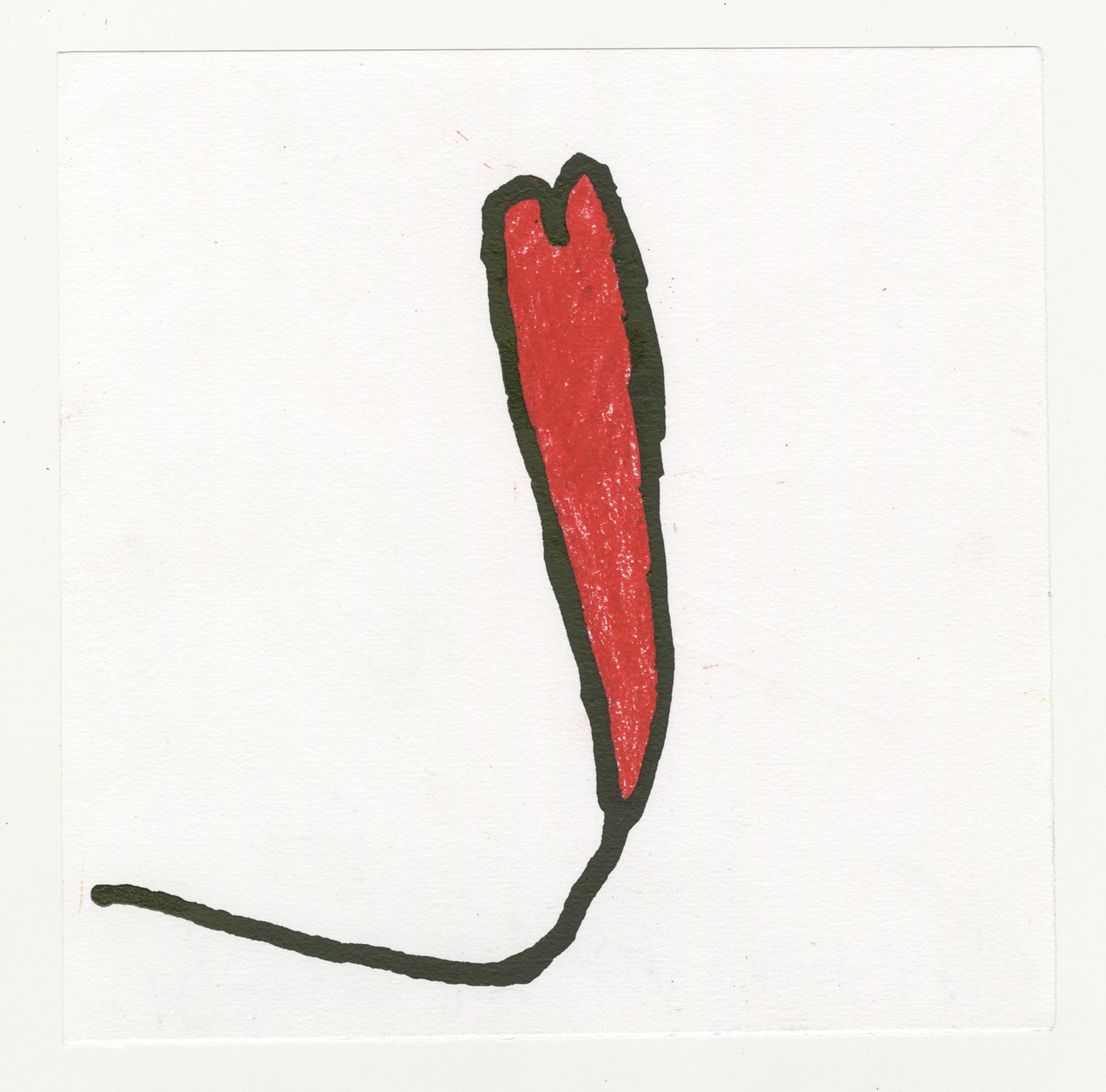 A drawing of a heart in the center of the piece. The heart is colored in red, with a black outline. The black outline leaves a trail in the left bottom corner of the piece.