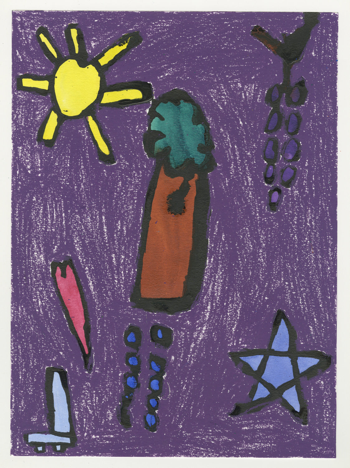 A vibrant painting of a sun, grape, tree, heart, chair, blueberries and star. The objects float near each other in a cluster against a purple background.