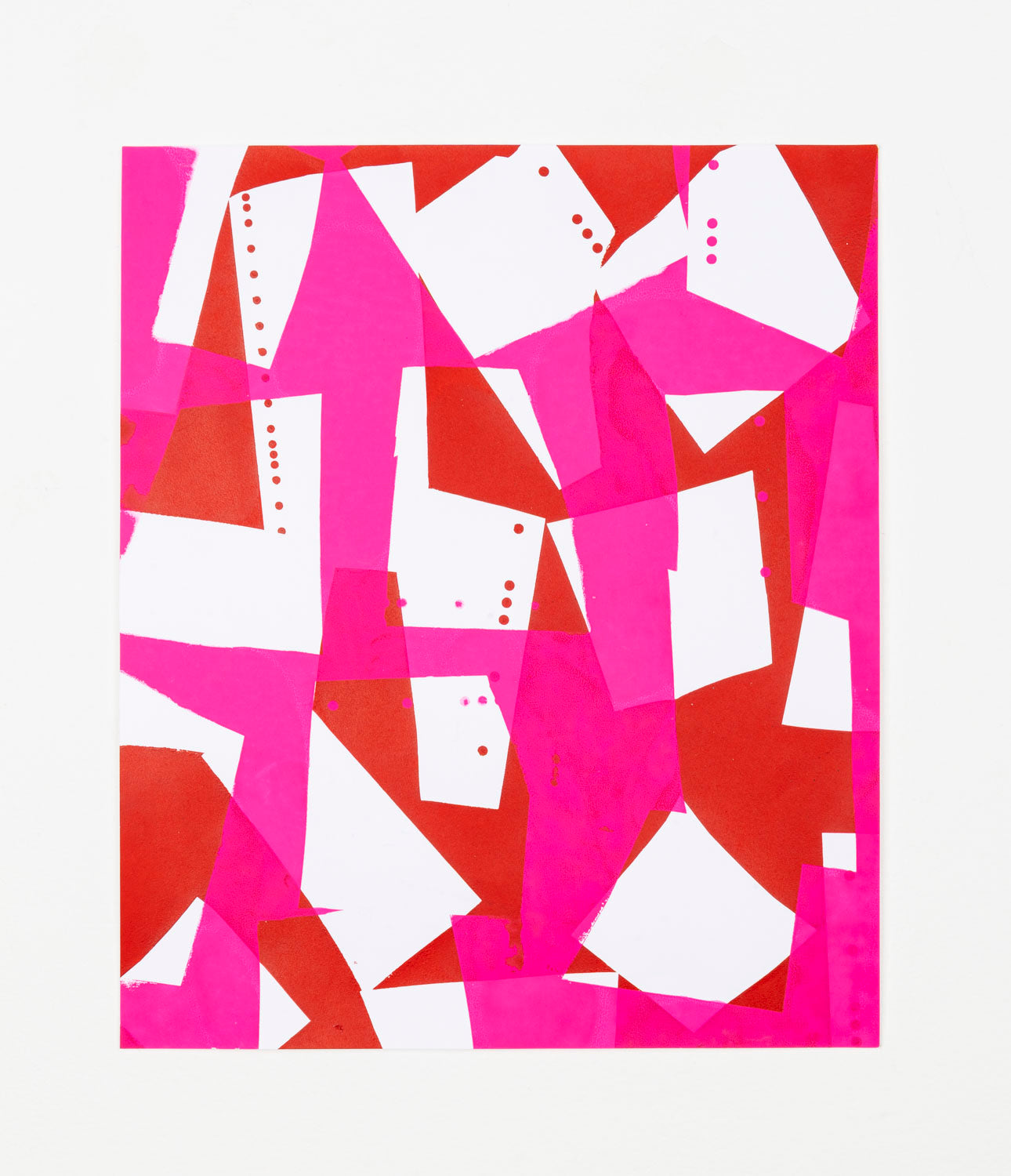 A print with bright red, hot pink, and white, sharp shapes spread out and layered across the piece.