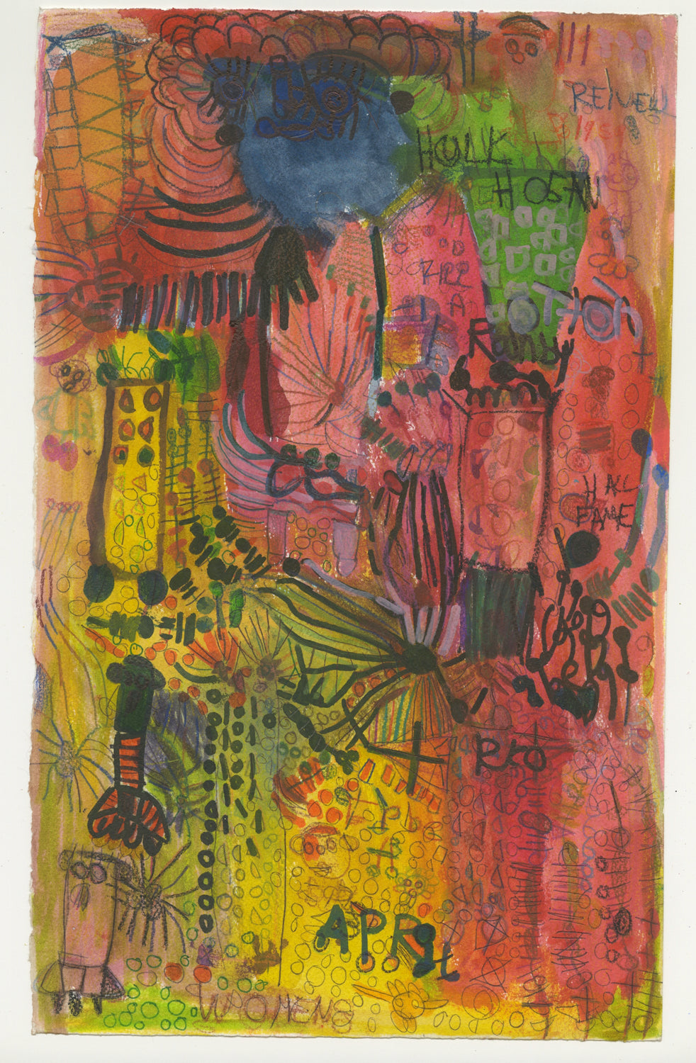 A vibrant watercolor and marker painting that is an abstract blend of objects, text and figures. The piece is predominantly washes of red and yellow, with green and blue highlights. The text is written in mainly black ink to create a bold effect.