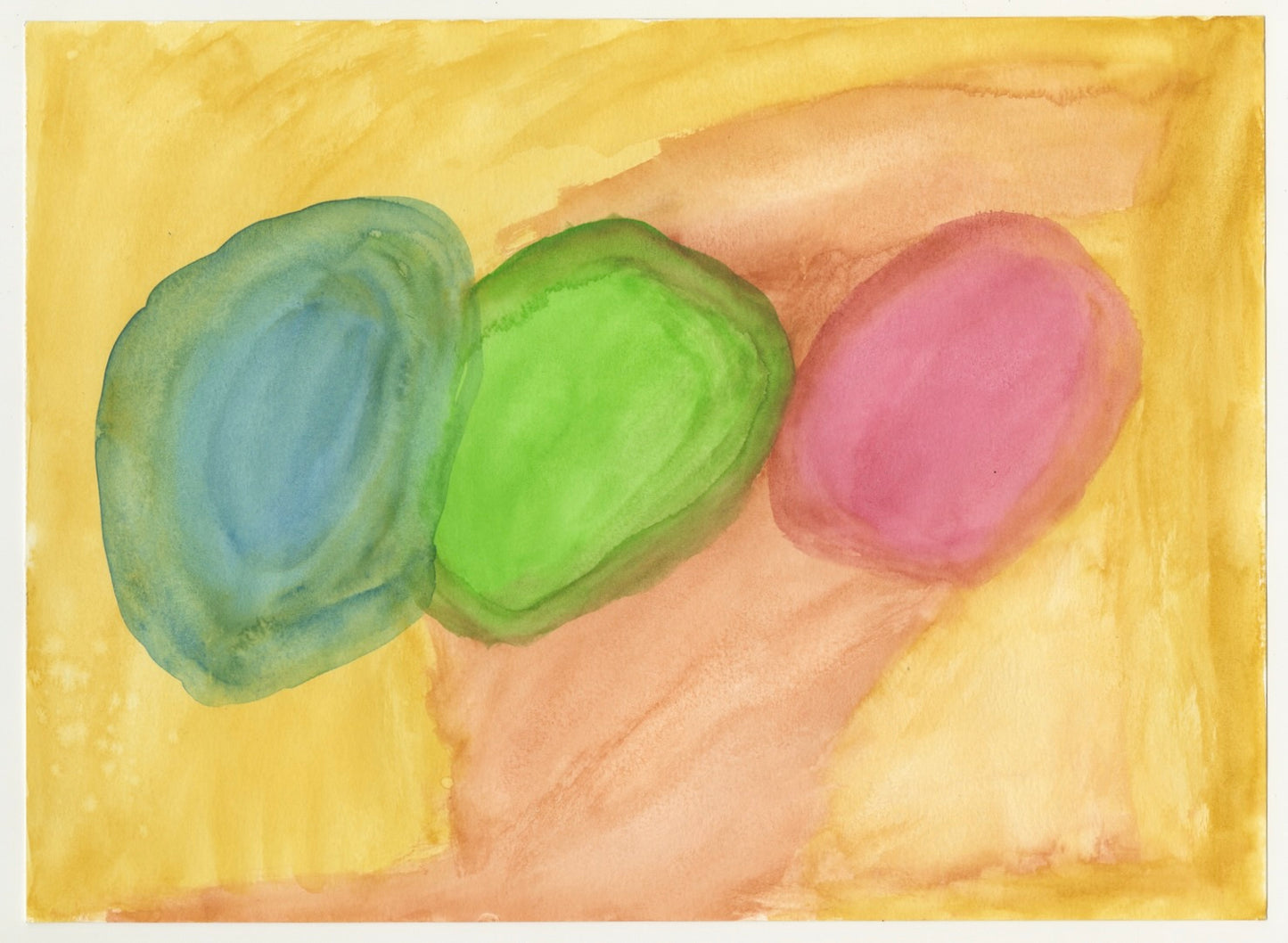 Abstract painting of three crystal balls that are side by side to form a horizontal line. There is one blue, one green and one red crystal that are floating in space against a yellow and orange background.