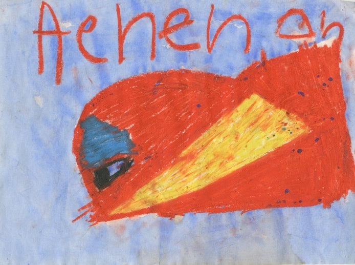 This is an abstract drawing of a figure, the body of the figure is bright red, with black eyes, blue eyebrows and a yellow mouth. The text 'Aehehoh' is written in red at the top of the work, all against a blue background.