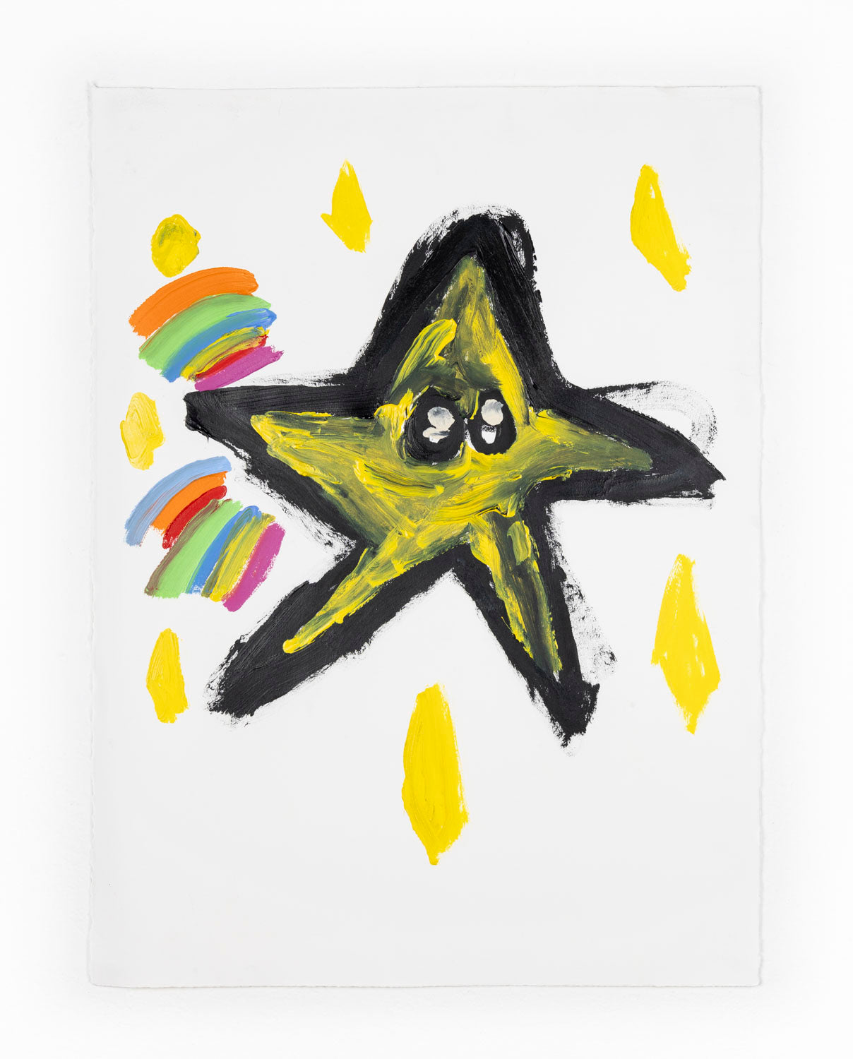 This painting depicts a star in the center. The star is yellow and outlined in black, the eyes are also drawn in black. Surrounding the star, there are yellow dots and rainbow stripes against a white background.