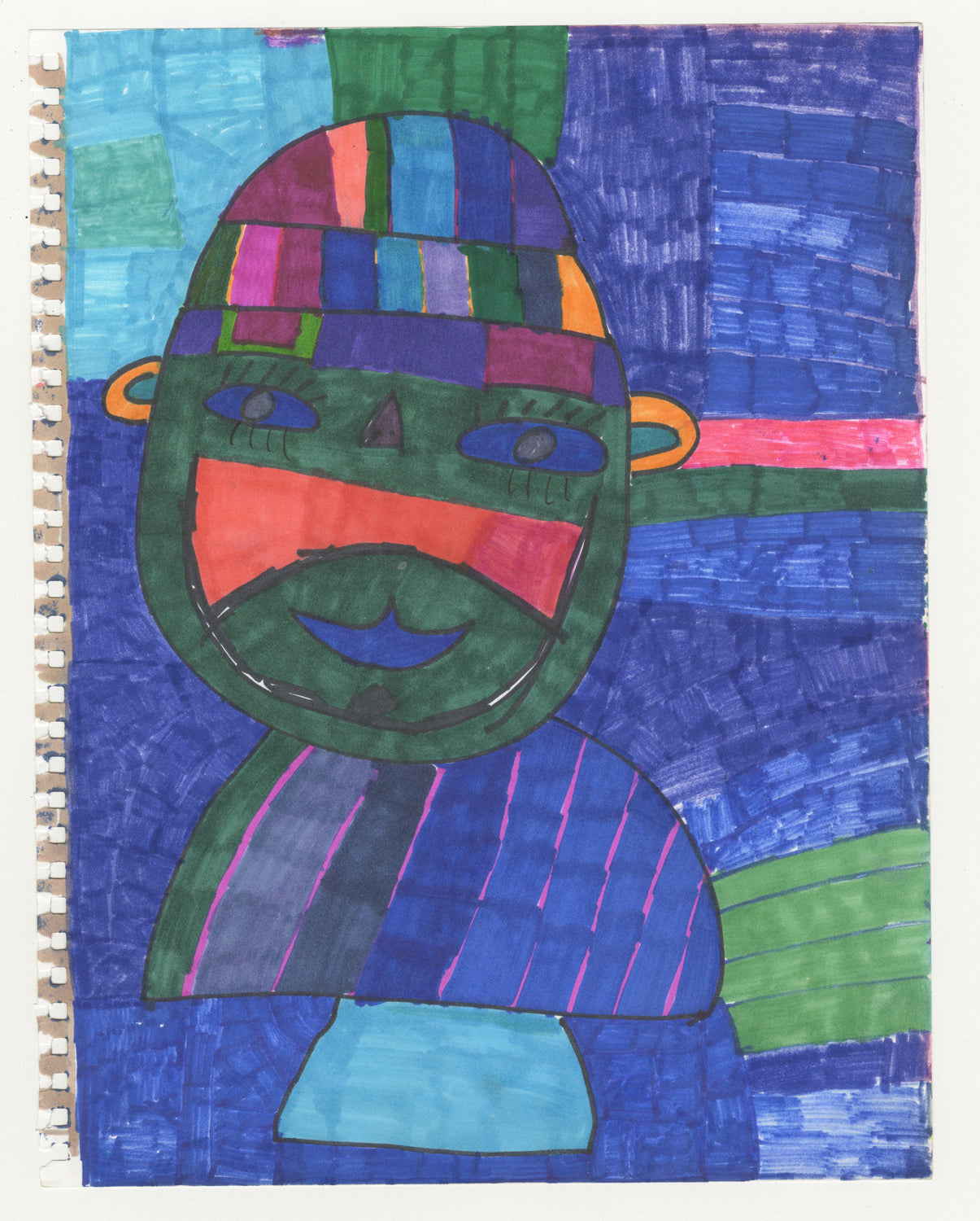 This is a portrait of a figure wearing a multicolored, checkered beanie and a blue, green and pink striped shirt. The figure's face is green, with dark blue eyes and a dark blue smile. The background is combination of shades of blue and green, with an accent stripe of pink on the right.