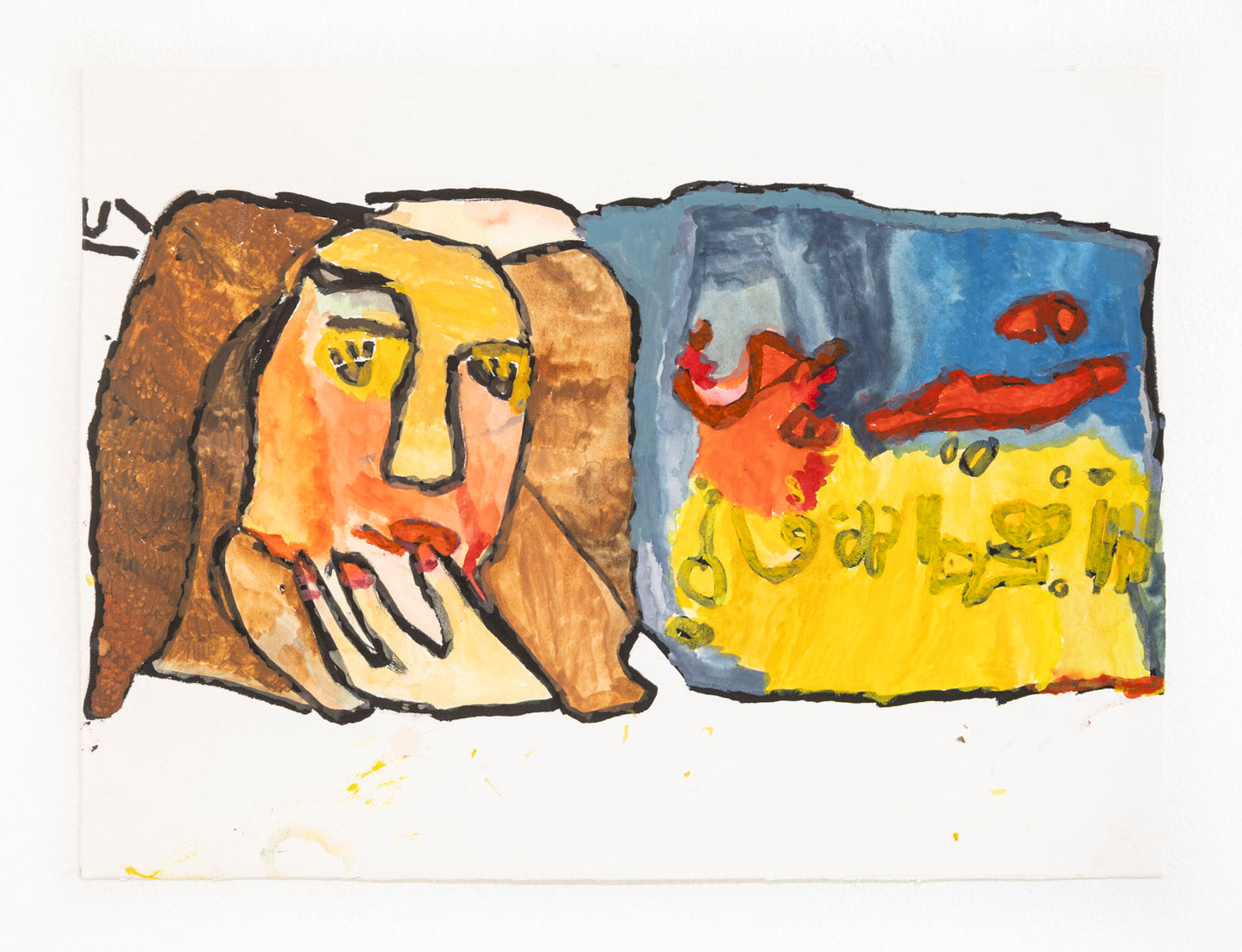 This is an expressive mixed-media painting of a person with long brown hair resting their face on one hand, outlined in thick black lines. The figure has yellow eyes, red lips, and warm orange and brown tones. Beside them is a brightly colored abstract panel with blue, yellow, and red shapes and loose handwritten marks. The artwork has a loose, painterly style with visible brushstrokes and bold contrasts.