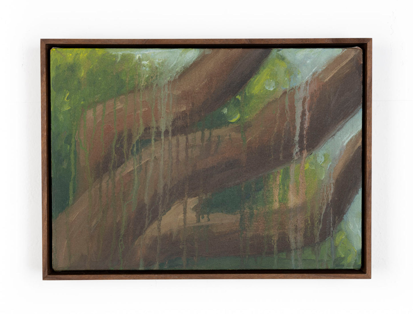 The canvas displays three tree branches that sit diagonally across the bottom left to the top right of the canvas. The paint is applied loosely and expressively. There is green and blue paint in different shades to depict leaves and the sky. There are drips of green painting coming, seemingly, from the leaves in the background that fall onto the branches.