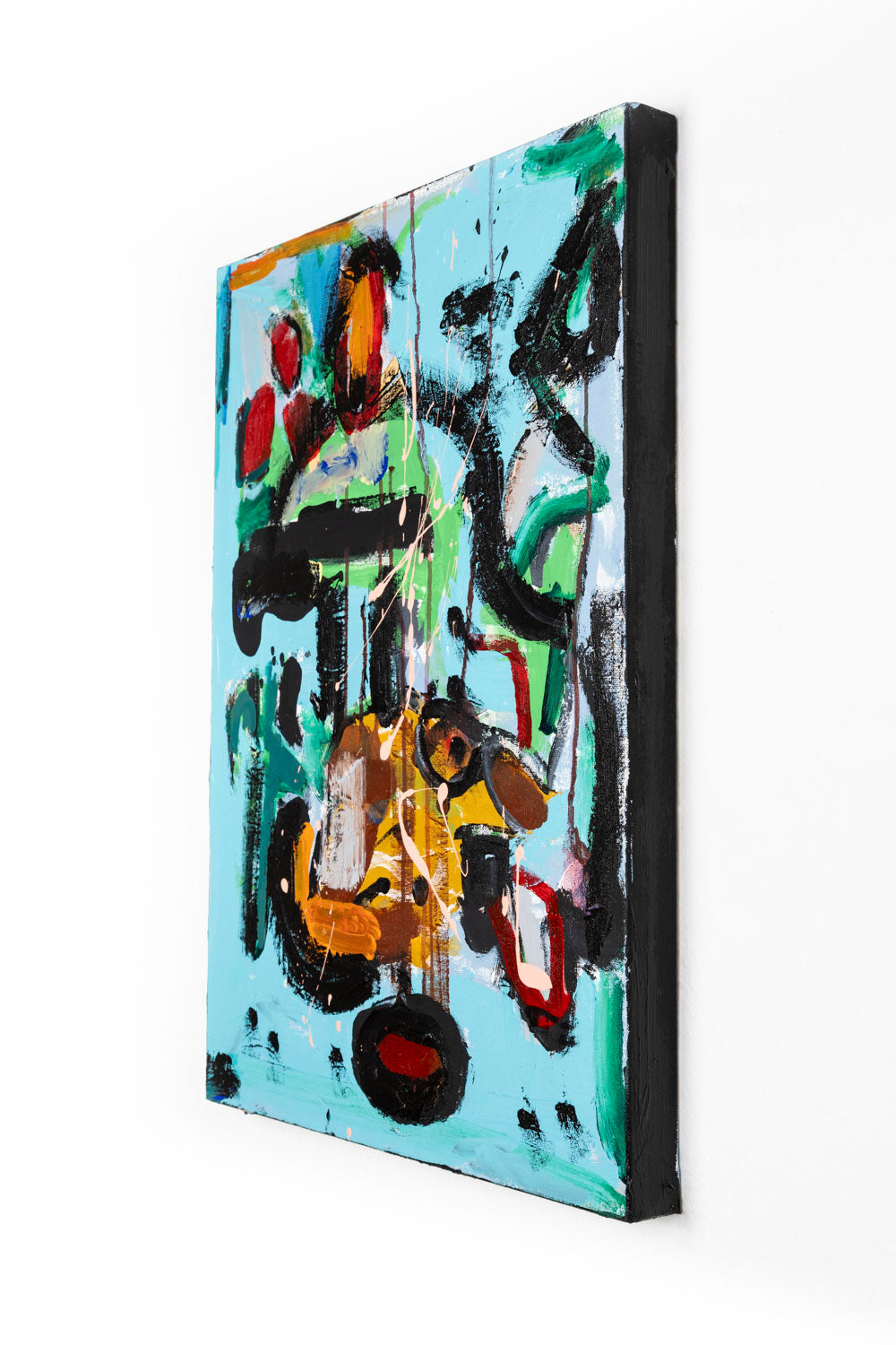 This abstract painting has both organic and geometric qualities. The marks are black, green, white, red and orange that contrast the bright blue background.