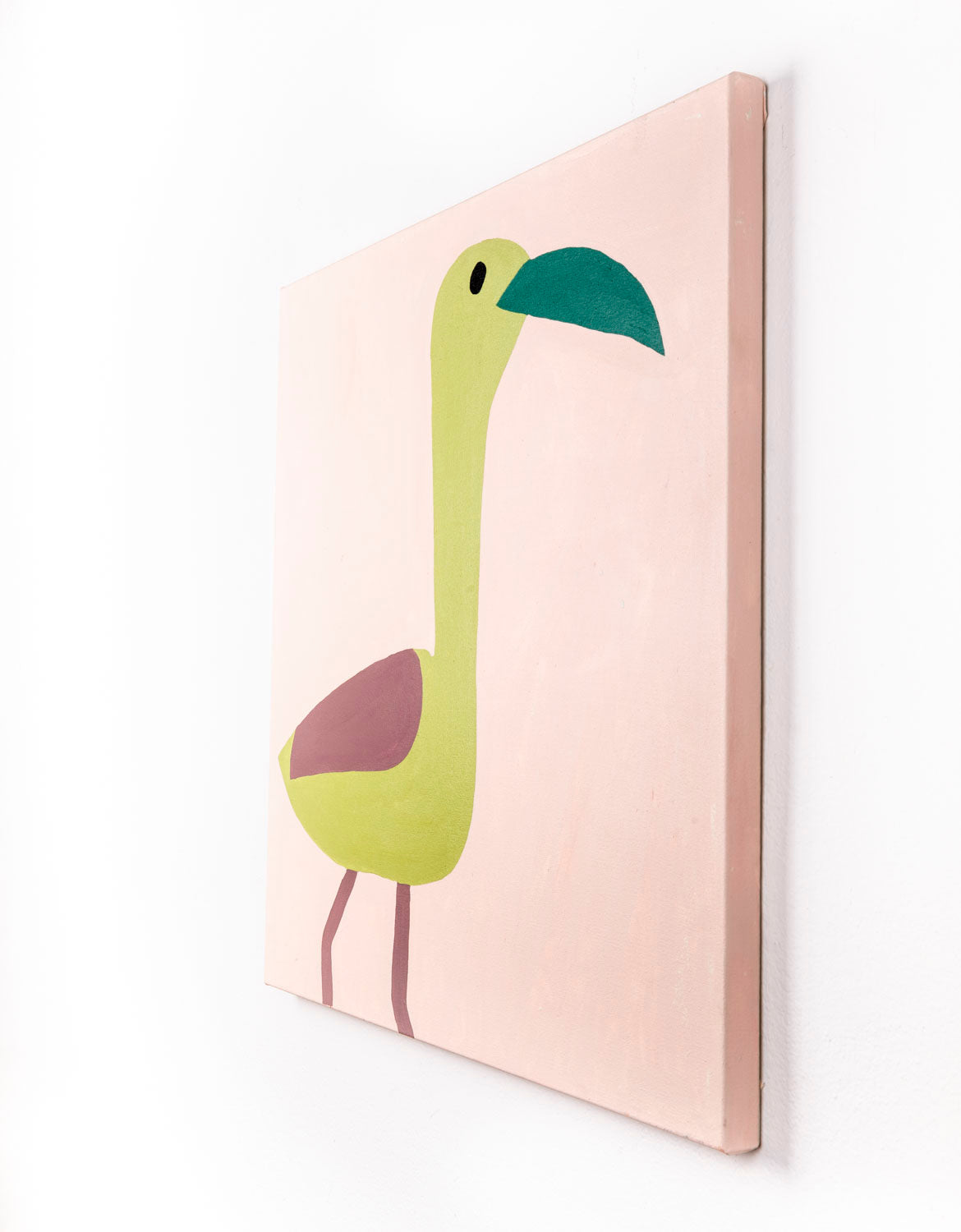 This is a stylized painting of a flamingo, the body of the flamingo is a light green with a dark green beak. The legs and the wings are purple, all against a light pink background.