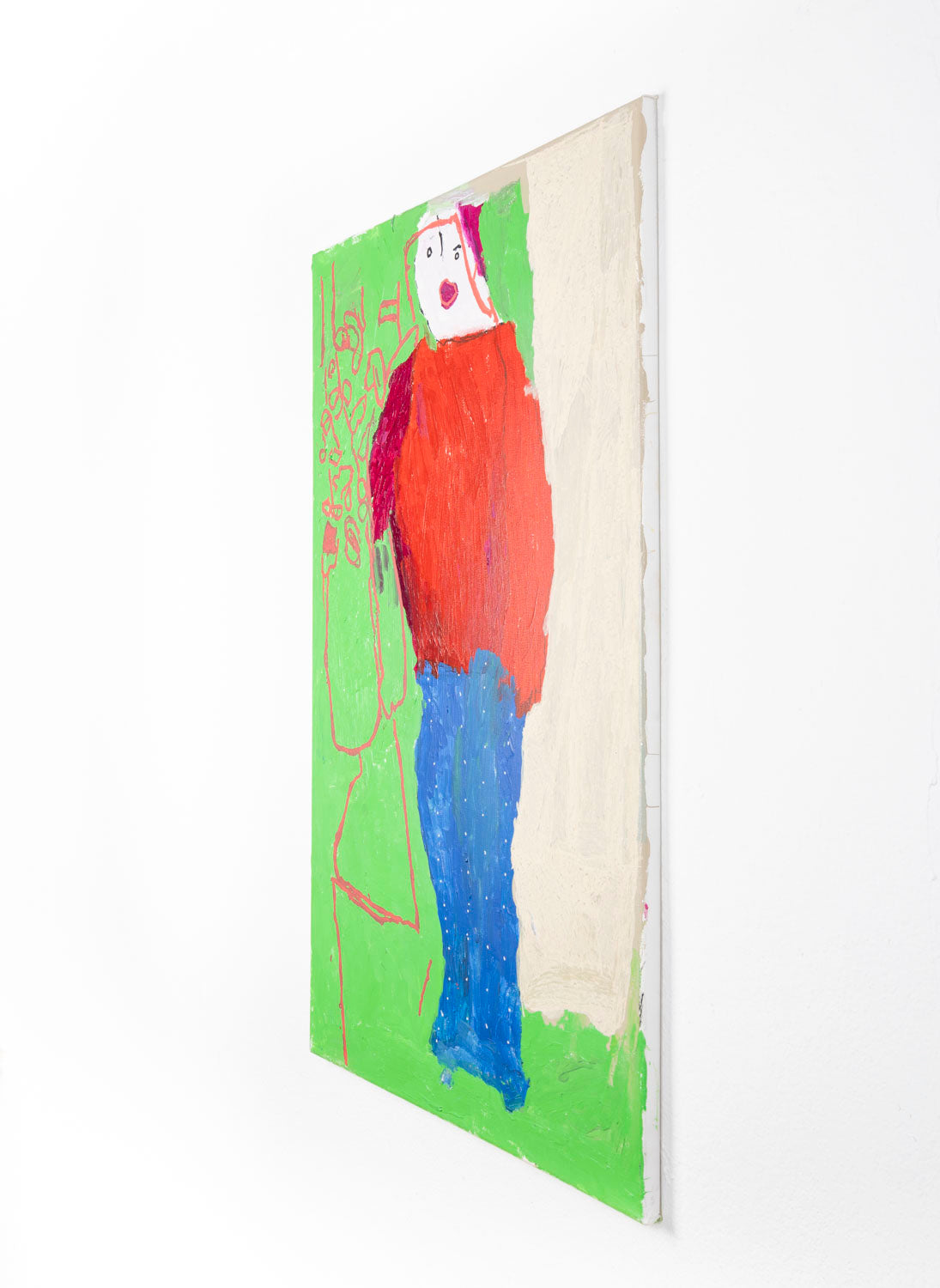 This is an abstract painting depicting the figure. The figure in the center of the piece, they are wearing a red shirt and blue pants. On the left side of the painting there is peach, line work details and on the right, there is a white block that contrasts the vibrant green background.