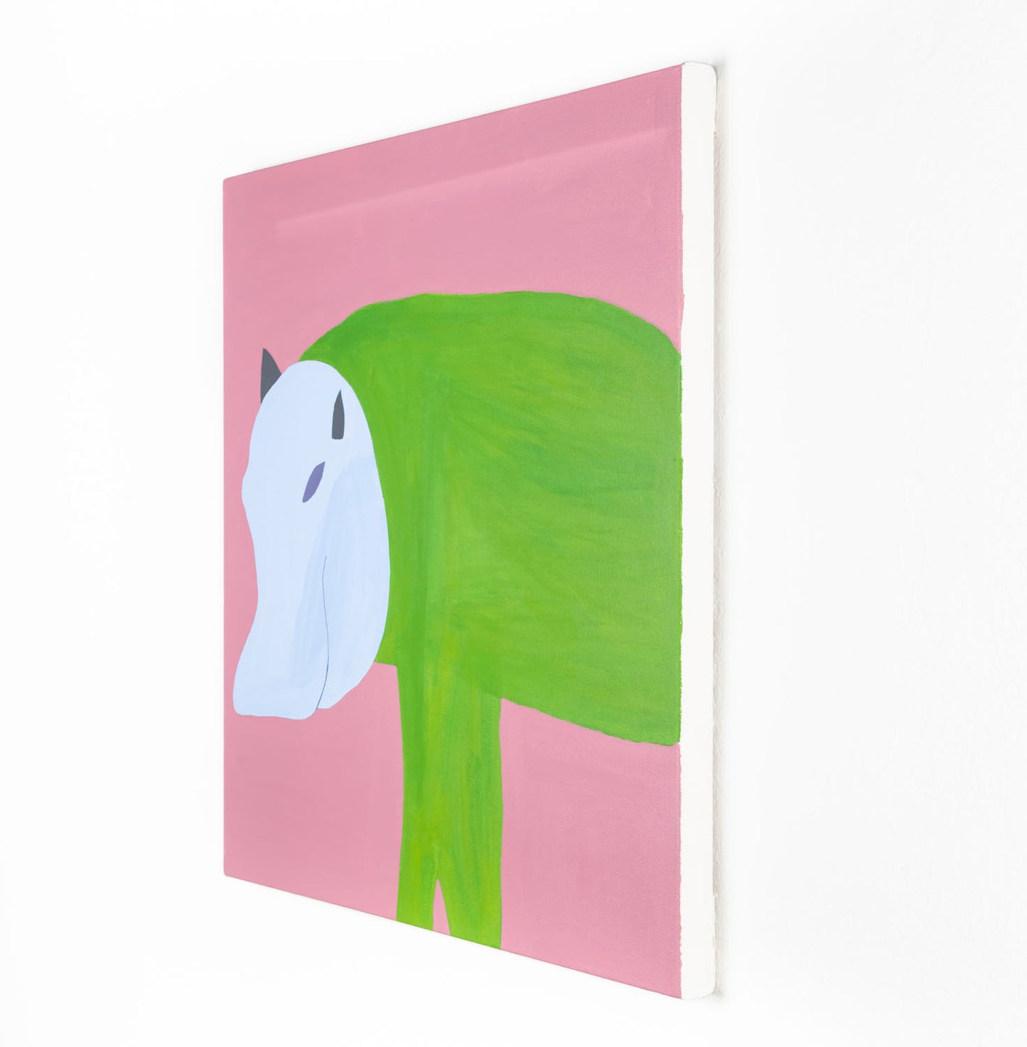 A stylized painting of a hippopotamus with a bright green body and pale white face set against a soft pink background. The hippopotamus has small gray horns or ears, a simple purple eye, and long rectangular legs, rendered with smooth shapes and flat pastel colors for a playful, abstract appearance.