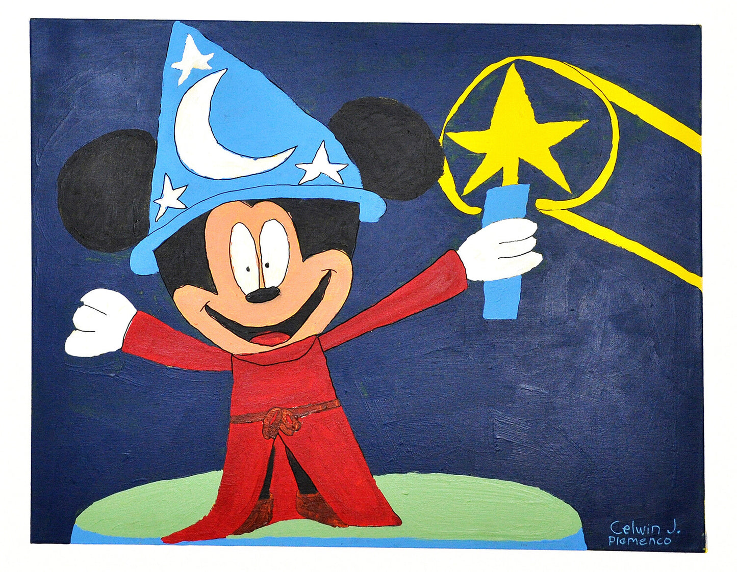 A painting of Mickey Mouse, wearing a red robe, a wizard hat, and holding a star wand. Yellow light beams from the wand. A blue background.