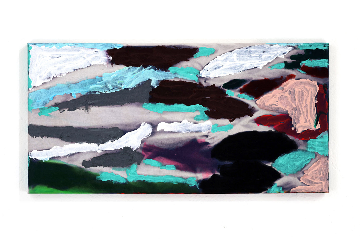 An abstract rectangular painting on stretched fabric with splotches of sky blue, turquoise, pink, red, gray, white, and green against a white background.
