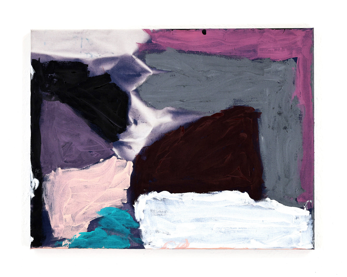 An abstract painting on stretched blue fabric with splotches of purple, pink, blue, gray, white, and burgundy against a white background.
