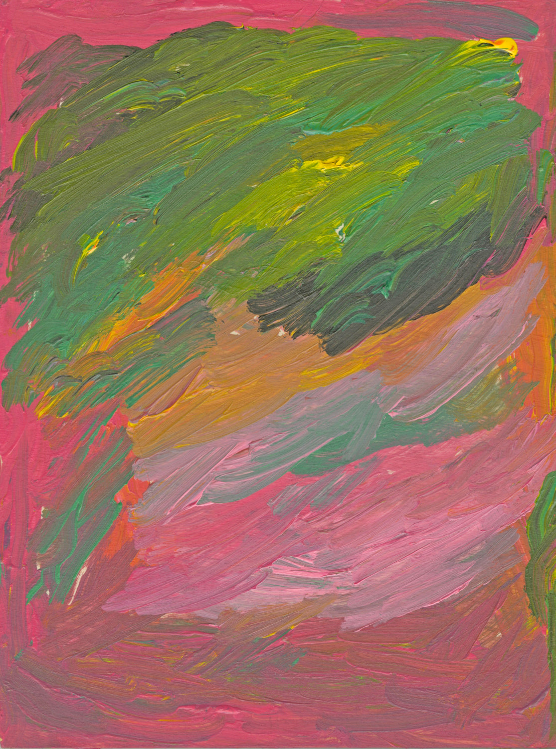 An abstract painting with green, pink, and yellow brush strokes on a pink background.