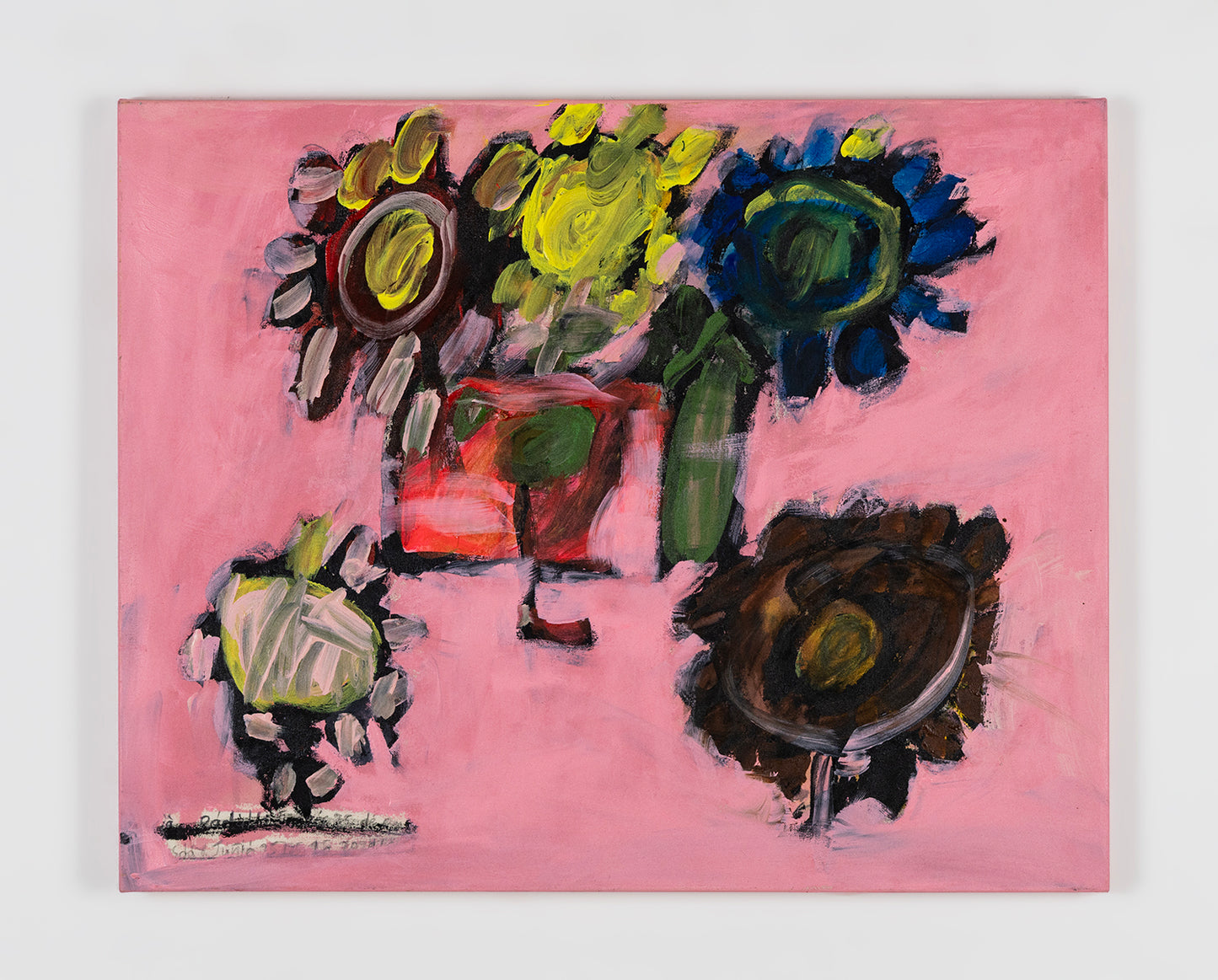 A colorful painting on canvas. A bundle of large, expressively painted flowers are arranged on a pink backdrop. Each flower has a large round center enwreathed by small round petals. The flowers are variously white, yellow, blue, or brown. Some of the flowers are arranged in a red vase. The artist has signed and dated the piece along the bottom left corner: Maria Radilla, July 18th.