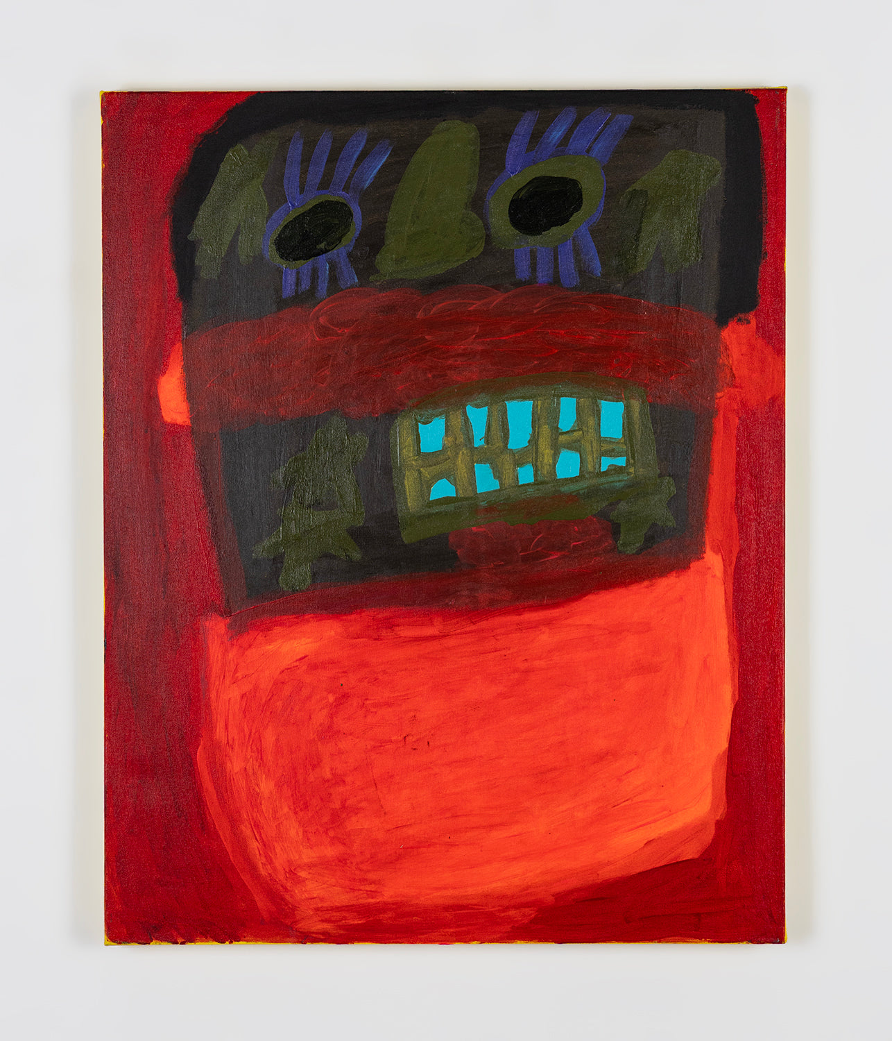 A stylized acrylic portrait on canvas. A large brown face with a bright red beard fills the surface. The face has round, hollow black eyes with long purple lashes, a square grimacing mouth gnashing bright sky blue teeth, and green star symbols painted on each cheek and each temple.