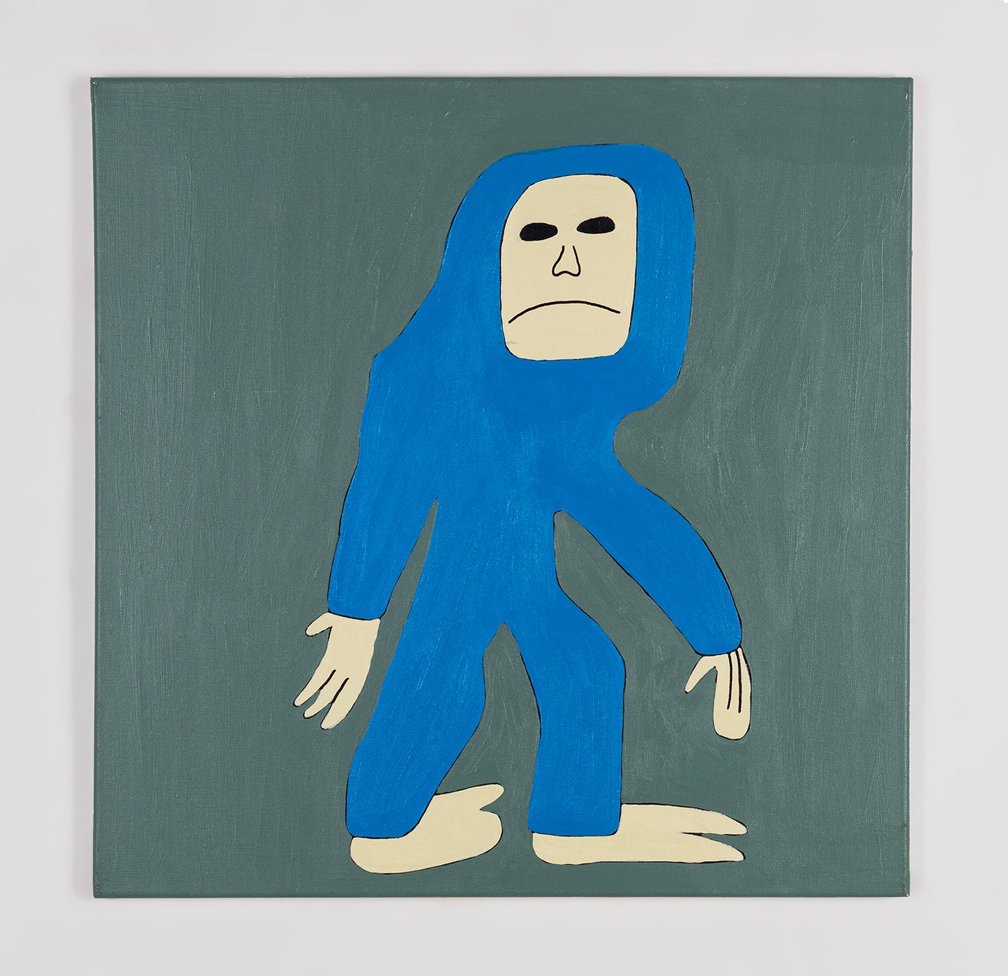 An acrylic painting on canvas of the mythical Yeti creature. The creature is frozen in motion, striding toward the right, on a solid green background. It has a human-like pale yellow face with hollow black eyes, and nose and mouth outlined in black. Its hands and feet are pale yellow, and its body is bright blue. The painting style is streamlined and flat to emphasize the silhouette of the creature.