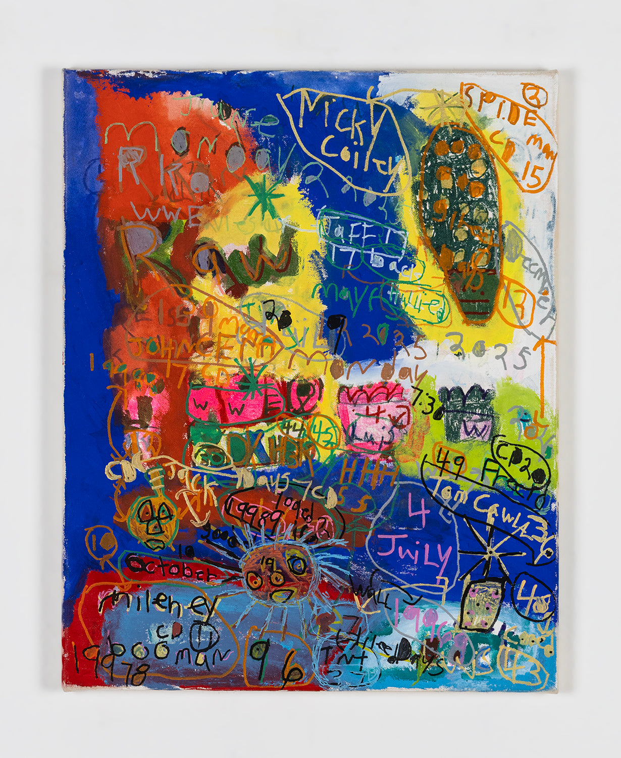 A work on canvas made with paint and markers, photographed on a white wall. The surface is covered with a dense pattern of text and symbols. The imagery is built up in layers. There are areas of the background painted bright blue, yellow, white or orange. Drawn over these areas are arrows, suns, and handwritten text referring to weather, time, wrestlers, and movies.