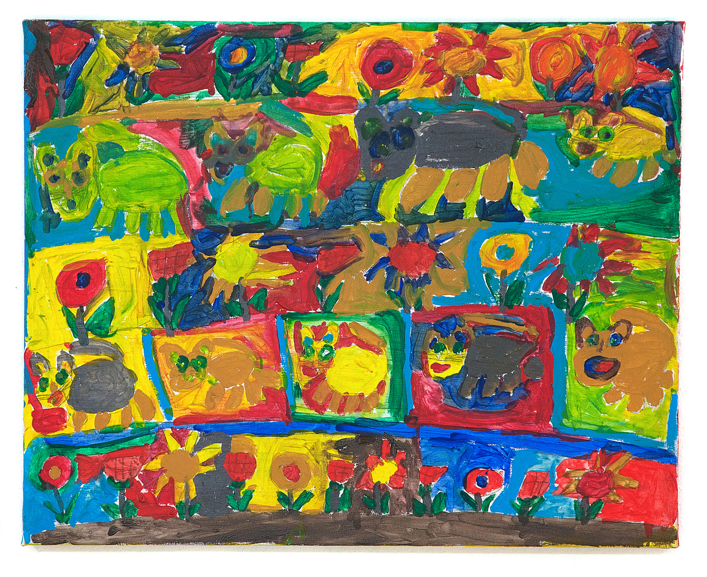 A colorful acrylic painting on canvas. The scene is divided into a grid or quilt-like composition: each square includes a colorful cat, kitten, or brightly blooming flower.
