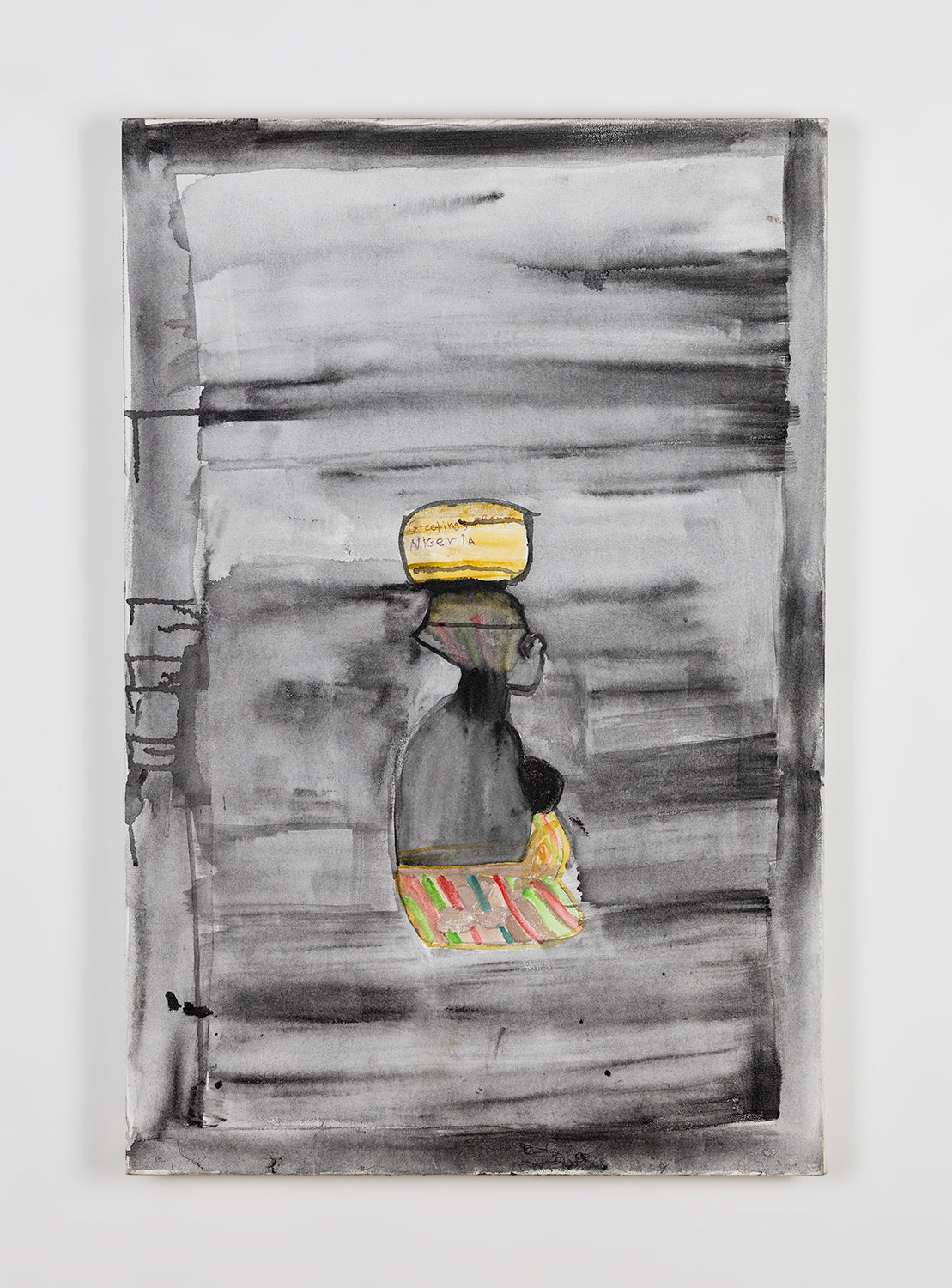 A dreamy painting on canvas featuring a silhouette floating on a grey background. The silhouette is the regal head and shoulders of a black figure, facing toward the right, with a rainbow striped robe and a bright yellow headpiece or object balanced on their head. The words "Greetings from Nigeria" are written on the headpiece. The background is a misty wash of watery grey paint.