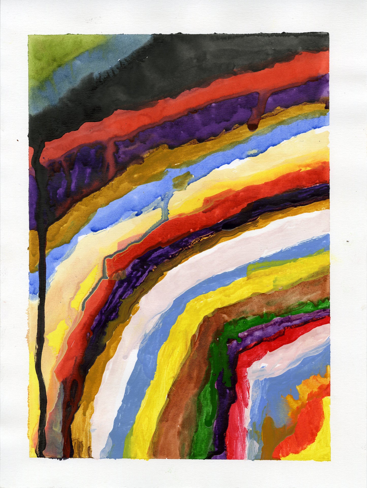 an abstract painting with arcs of color in a dark palette, with some enigmatic drips.