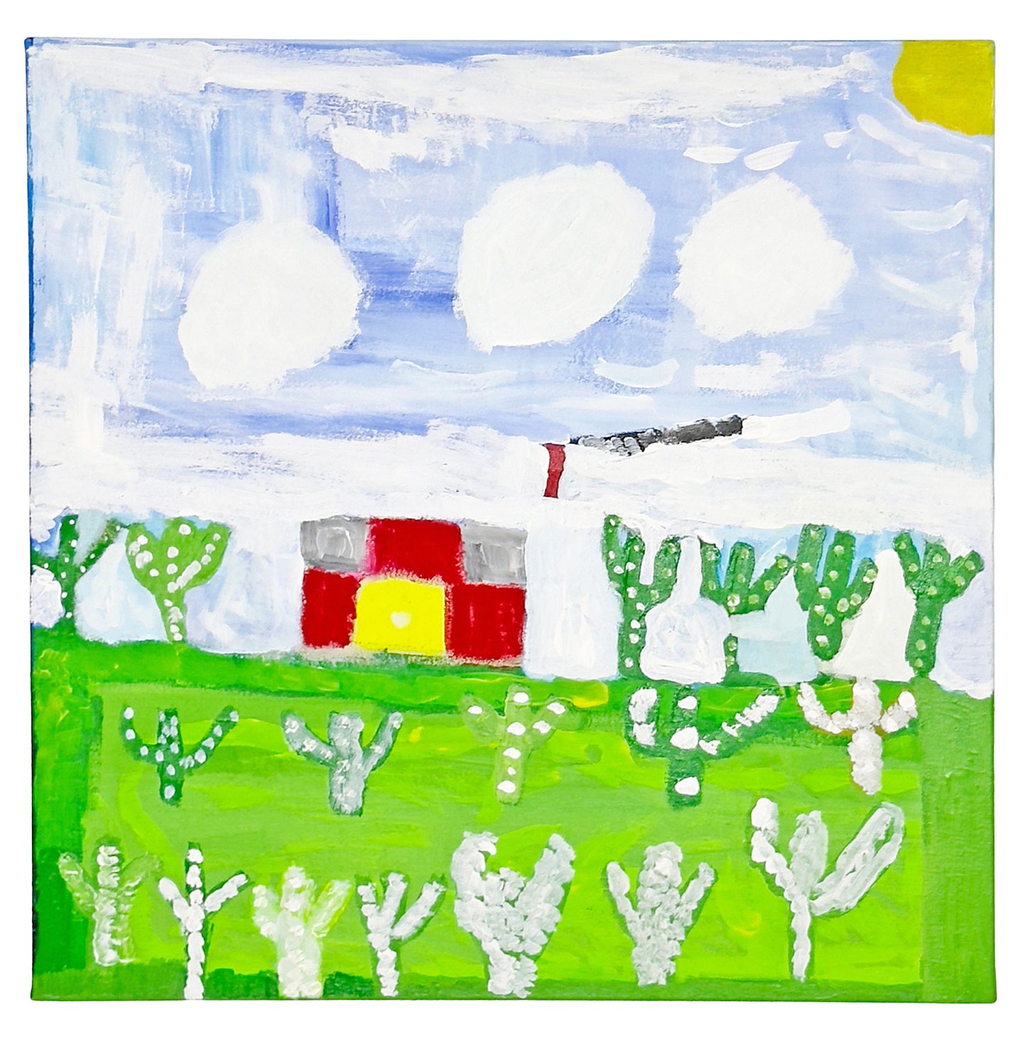 a square painting with a light blue and white sky and green lawn. A red and yellow house sits in the middle of the image with green cacti filling the bottom half of the surface.