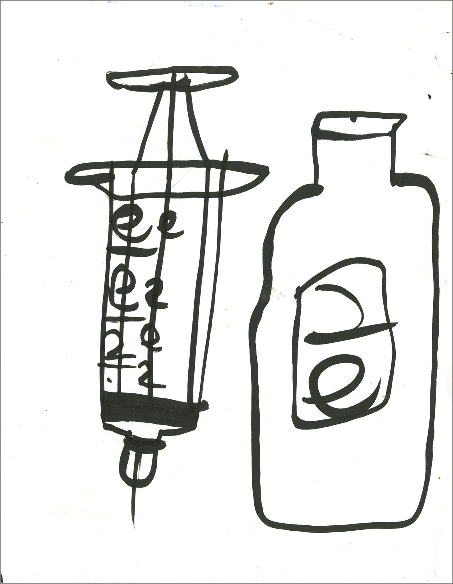 A minimalistic black marker drawing on a white background depicting a large syringe beside a bottle or container. The syringe includes measurement markings and a pointed needle, while the bottle has a rectangular label with looping abstract shapes.