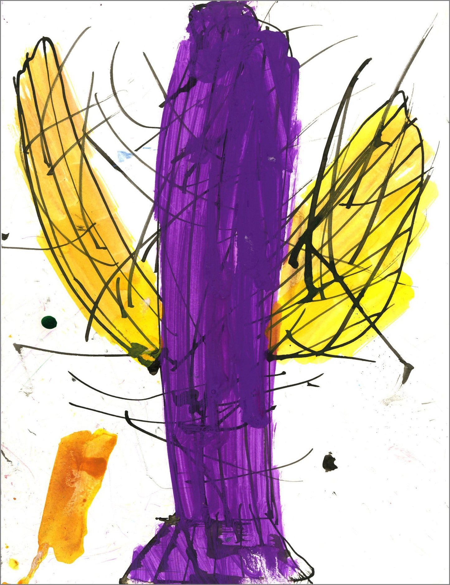 Abstract mixed-media drawing featuring a cactus that occupies the majority of the composition. Its core is purple, with protruding leaves yellow. Energetic black scribbled lines cross the composition, with scattered marks and a small orange paint shape adding movement against the white background.