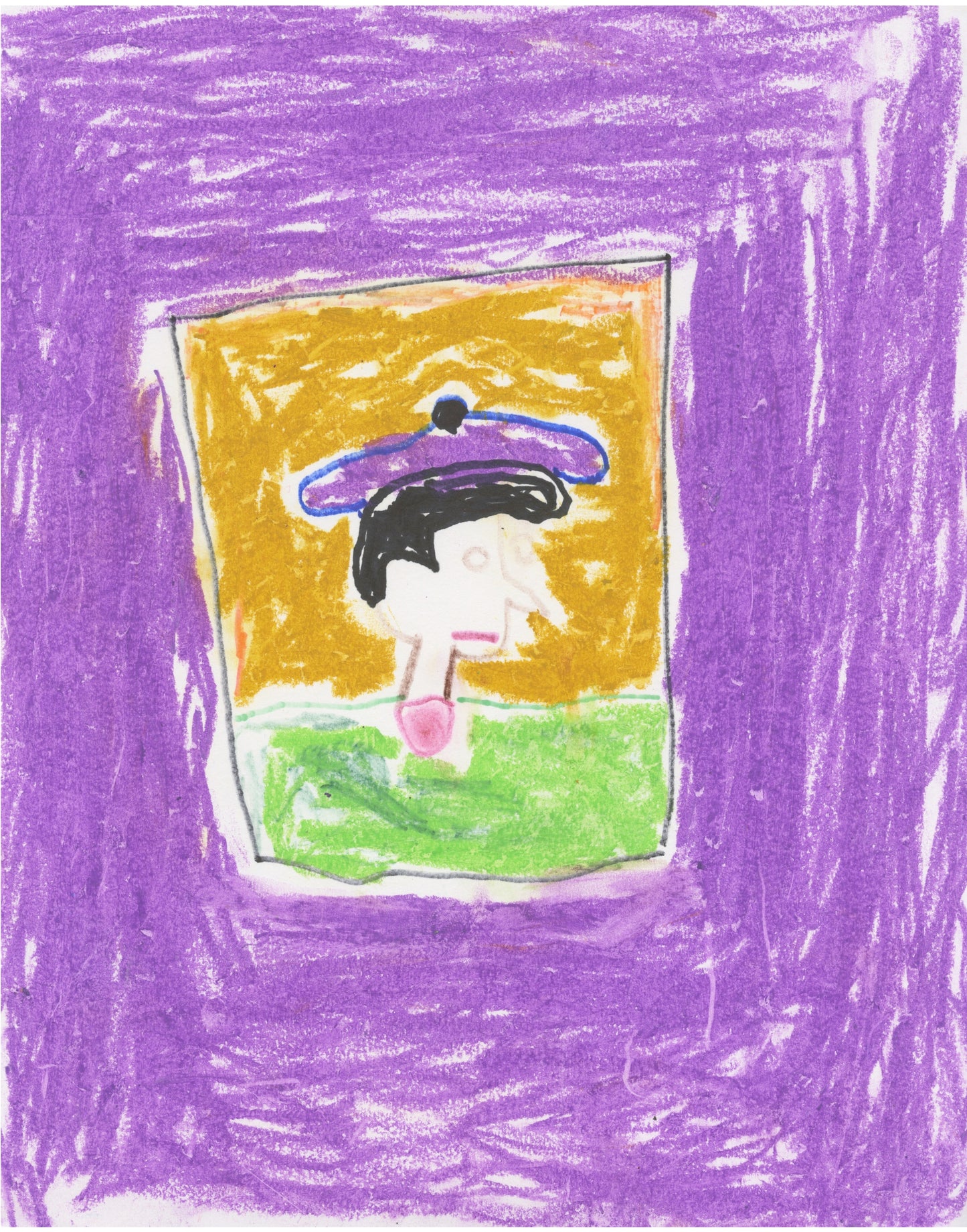 This drawing depicts a side profile portrait of a figure in the center. The figure is wearing a purple hat, has black hair and is wearing a green shirt. The figure is contained in a boxed outlined in black, the background of that box being a mustard yellow color. The background surrounding the box is purple, matching the hat.