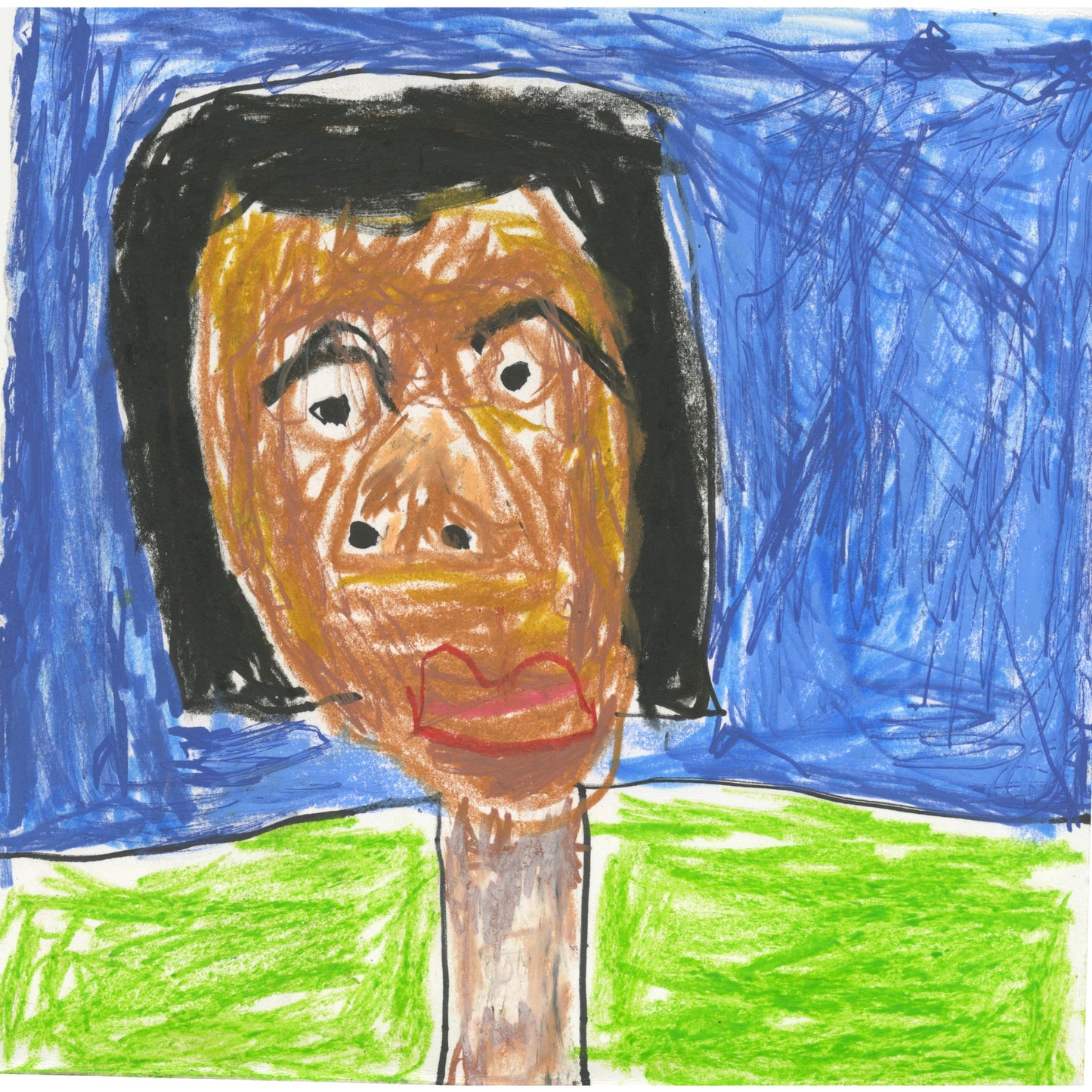 This is an abstract drawing of the figure, with black hair, black eyes, a green shirt and lips that are outlined in bright red. This is all against a dark blue background.