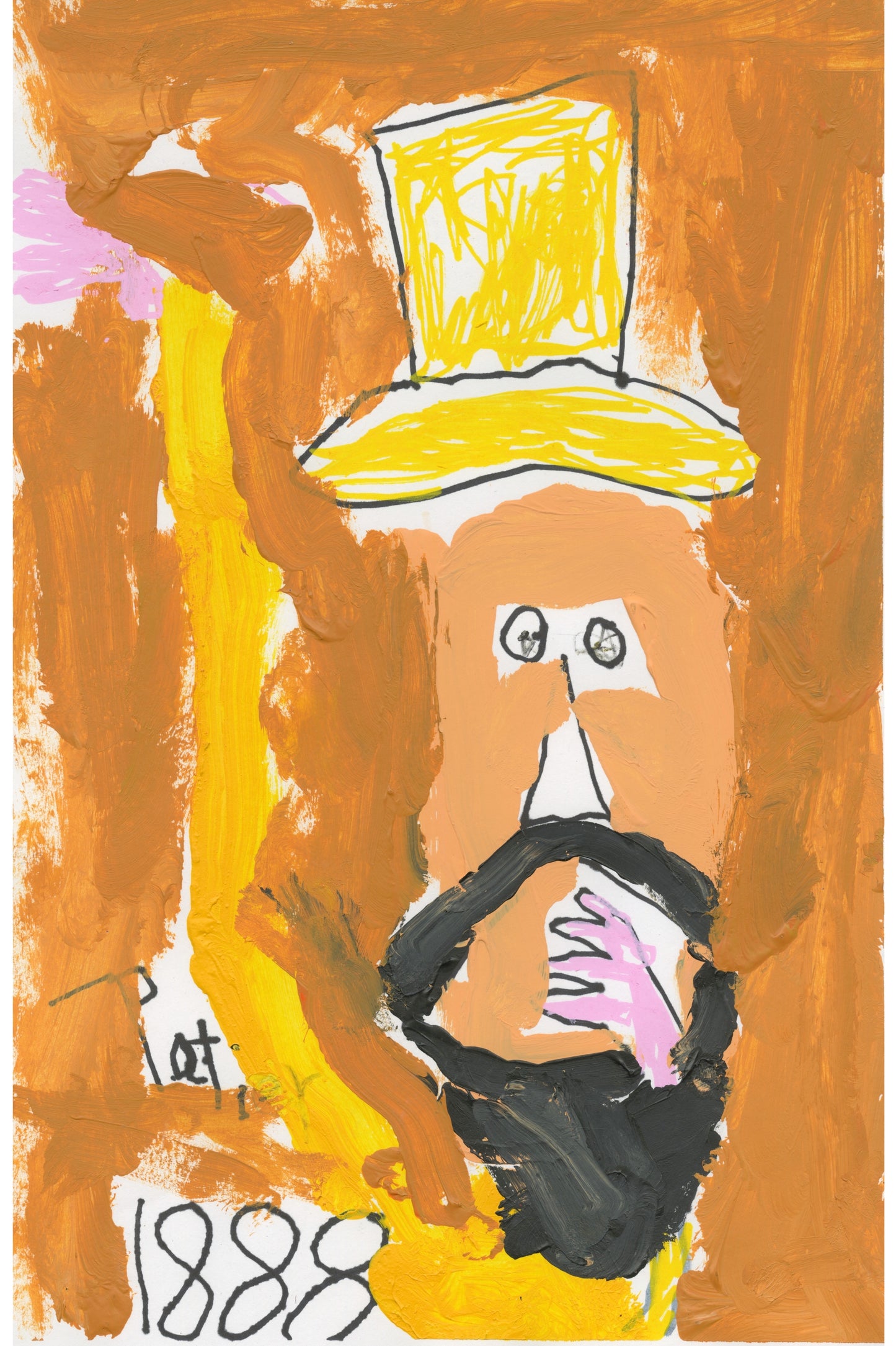 This abstract drawing of the figure depicts a figure in the center wearing a yellow hat, with a black beard. The numbers '1888' are written on the bottom left corner, all against a light brown background.