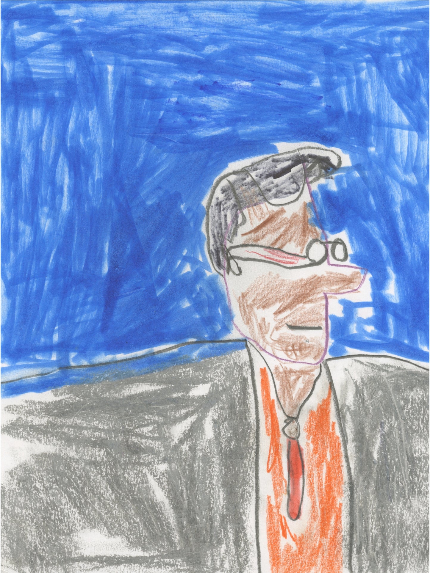 This is a drawing of the figure who is gazing to the right. The figure has black hair, is wearing glasses, a grey jacket, and orange shirt and a red tie. This is all against a blue background.