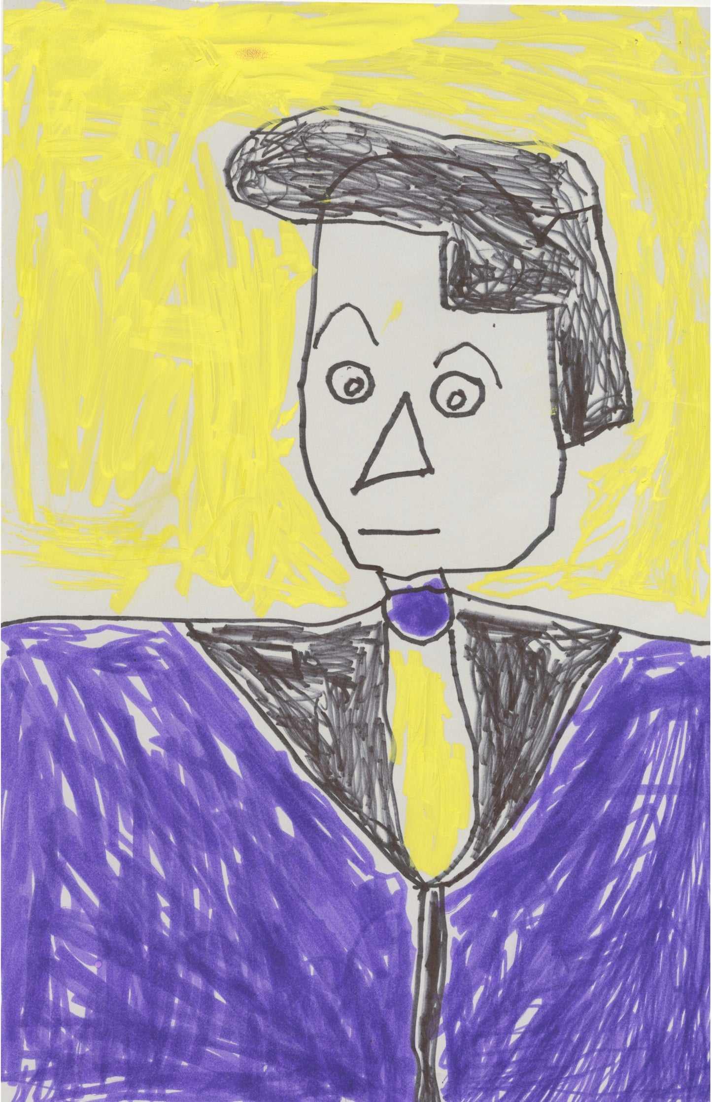 This drawing of the figure with black hair, a purple shirt and a purple and yellow tie. The features of the figure are depicted through black line work, all against a bright yellow background that match the tie.