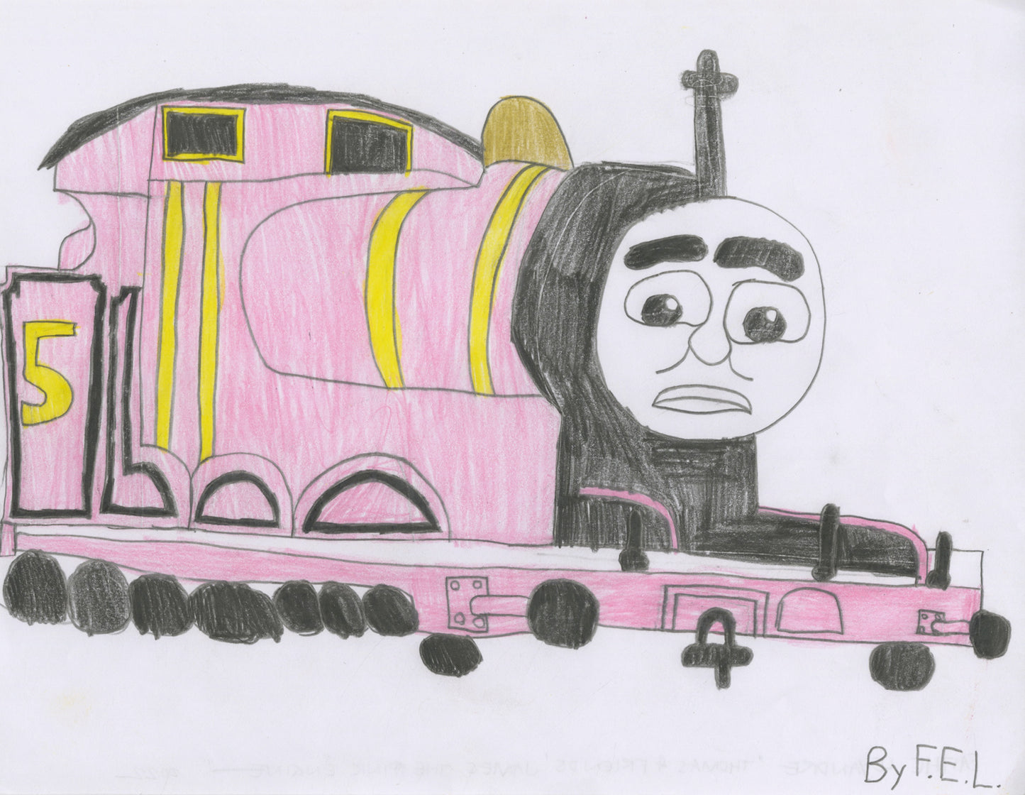a colored pencil drawing on white paper. The image is of an old-fashioned train engine character from the series Thomas the Tank Engine and Friends. This character has a large round face with wide eyes and a tall black pipe extending upwards like a hat. The body of the train engine is colored light pink with yellow stripes. The engine has many small round wheels.