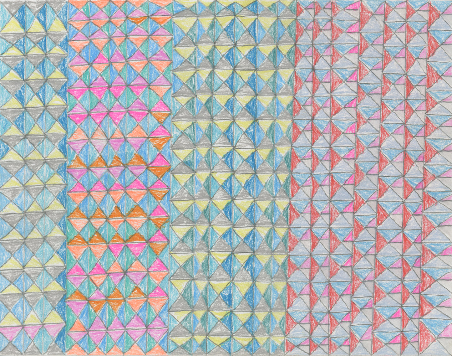 A colored pencil drawing in blue and red jewel tones on paper. The entire surface of the paper is covered with a geometric pattern: stacks of blue, red, and pink diamonds on a blue and grey background.