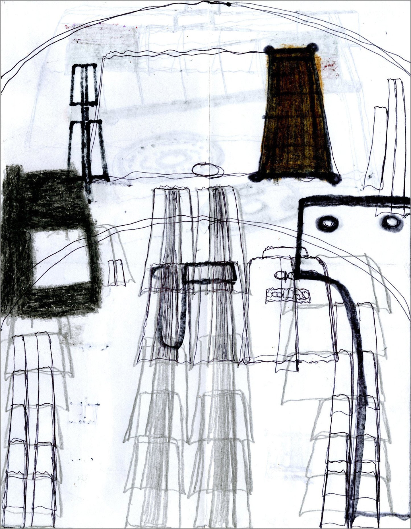 A pen and marker drawing done on both sides of a white piece of paper. The image represents the interior of a bus as seen from the perspective of a passenger. There are rows of seats, window curtains, and a square windshield in top center. More rows of seats and wheels that were drawn on the other side of the paper bleed through such that the image has depth despite each individual form being a flat outline.