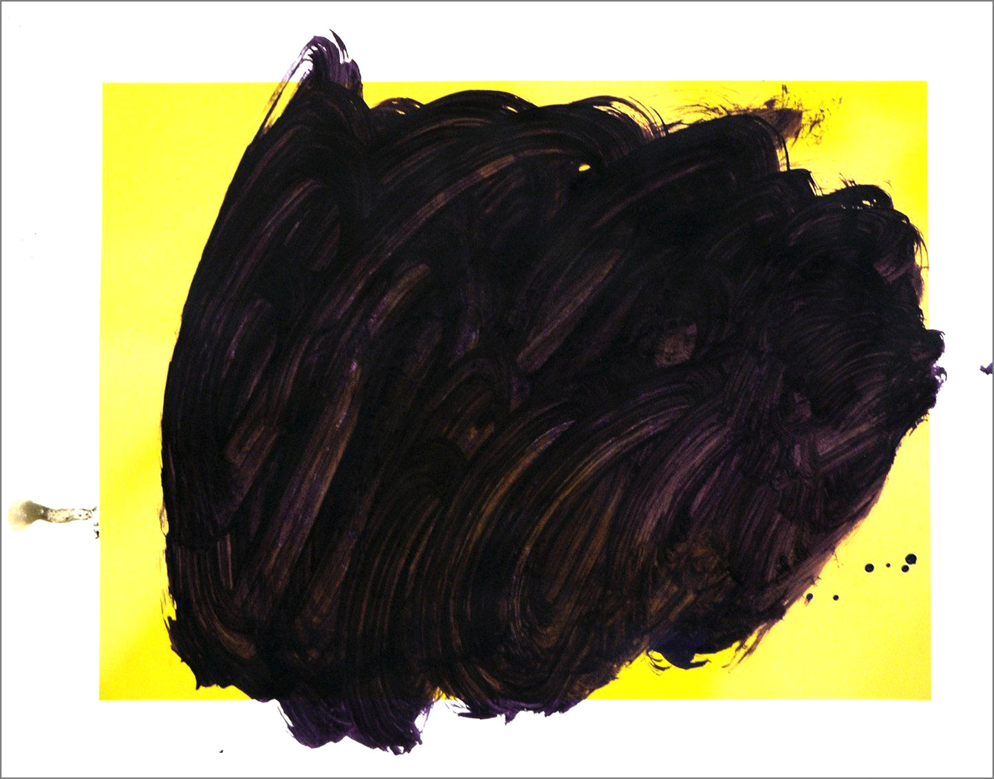 A work on paper: in large swirling brushstrokes, the artist painted a cloud of black ink over a digital print of a yellow rectangle.