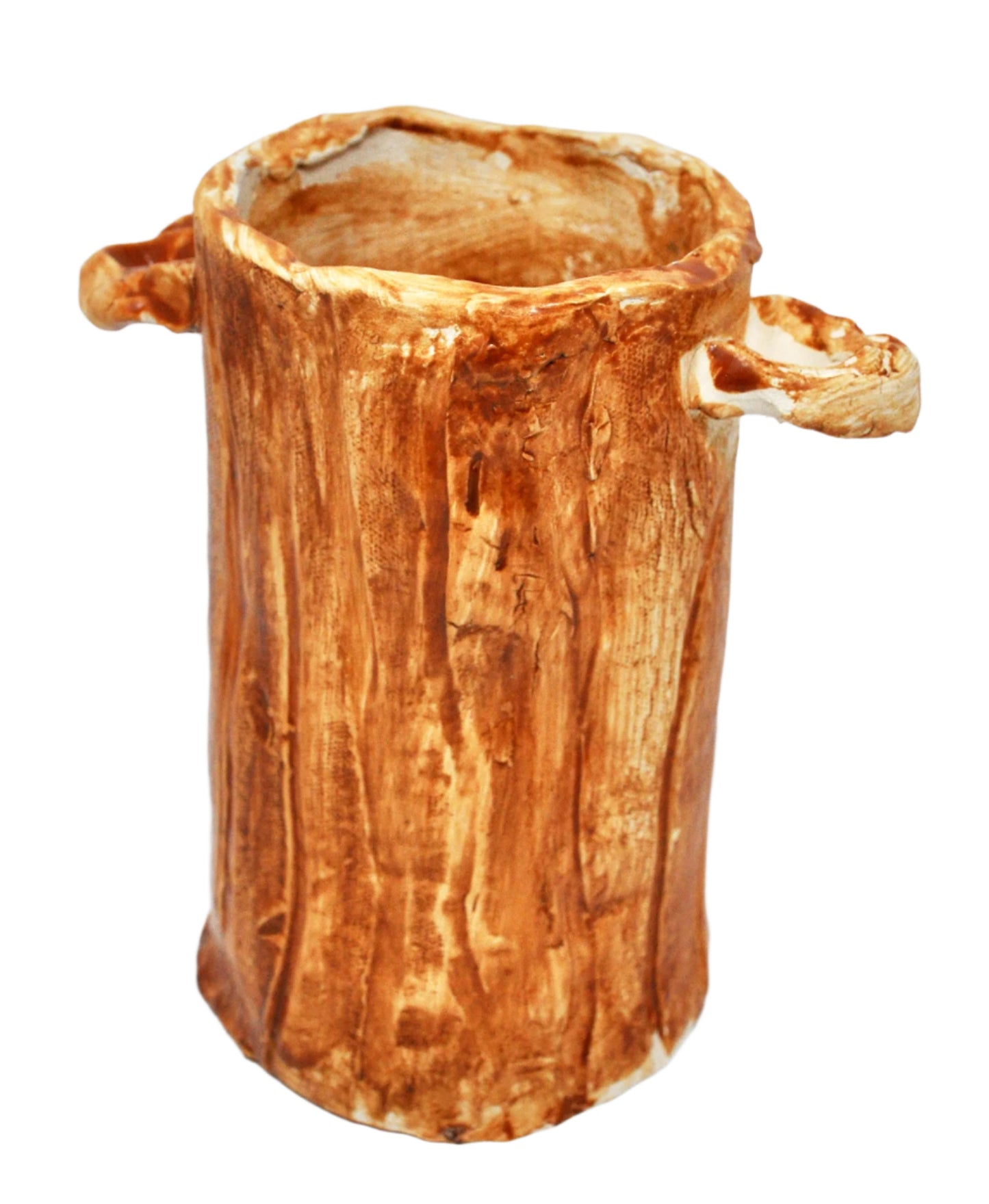 a tall glazed ceramic vessel painted in washes of brown glaze. The vessel has two little loop handles attached near its opening. The texture and shape are reminiscent of a tree trunk.