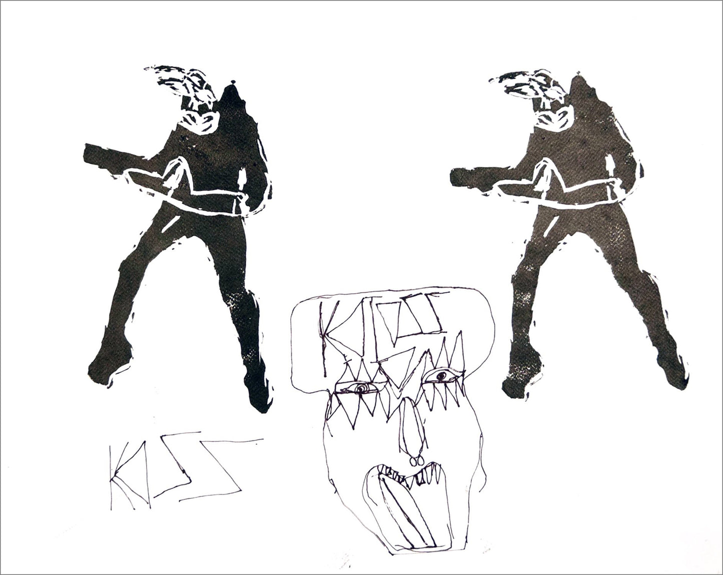A work on paper including two dancing figures that have been stamped with black ink on either side of a line drawing of a yelling head. The head has the words "KISS" written on its forehead and again in the space to its left.