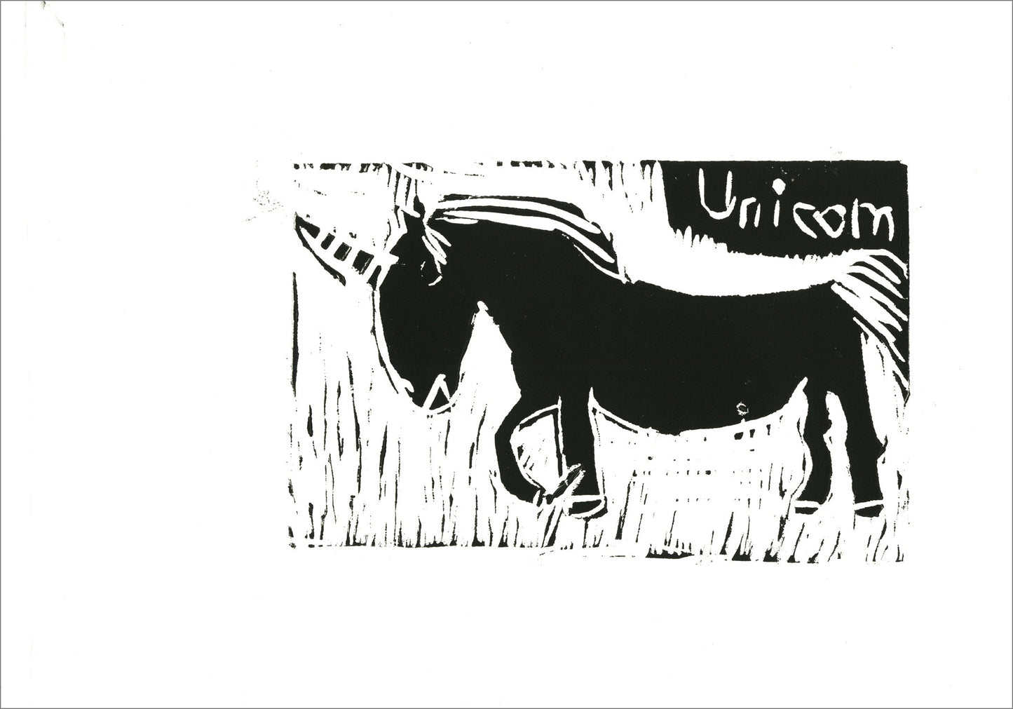 A black unicorn in profile, with red lines throughout, against a black and white vertically lined background. Above the back of the unicorn is the word unicorn suspended in a black rectangle-like shape.