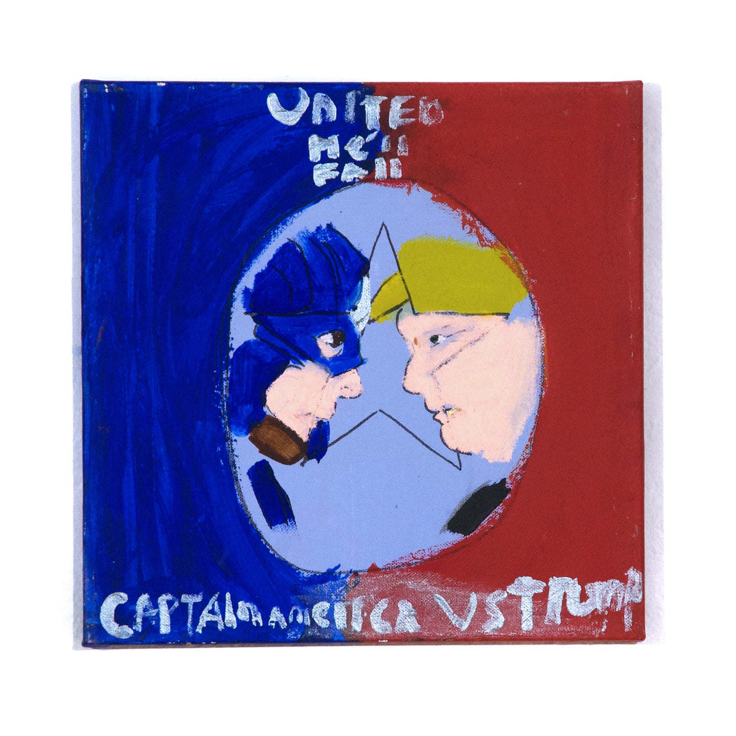 A dramatic painting of two characters facing off inside a blue circle, framed by blue and red stripes. The figures are Captain America, in blue helmet, and fascist Donald Trump with his yellow wig. Hand-painted text reads, "United he'll fall, Captain America vs. Trump"