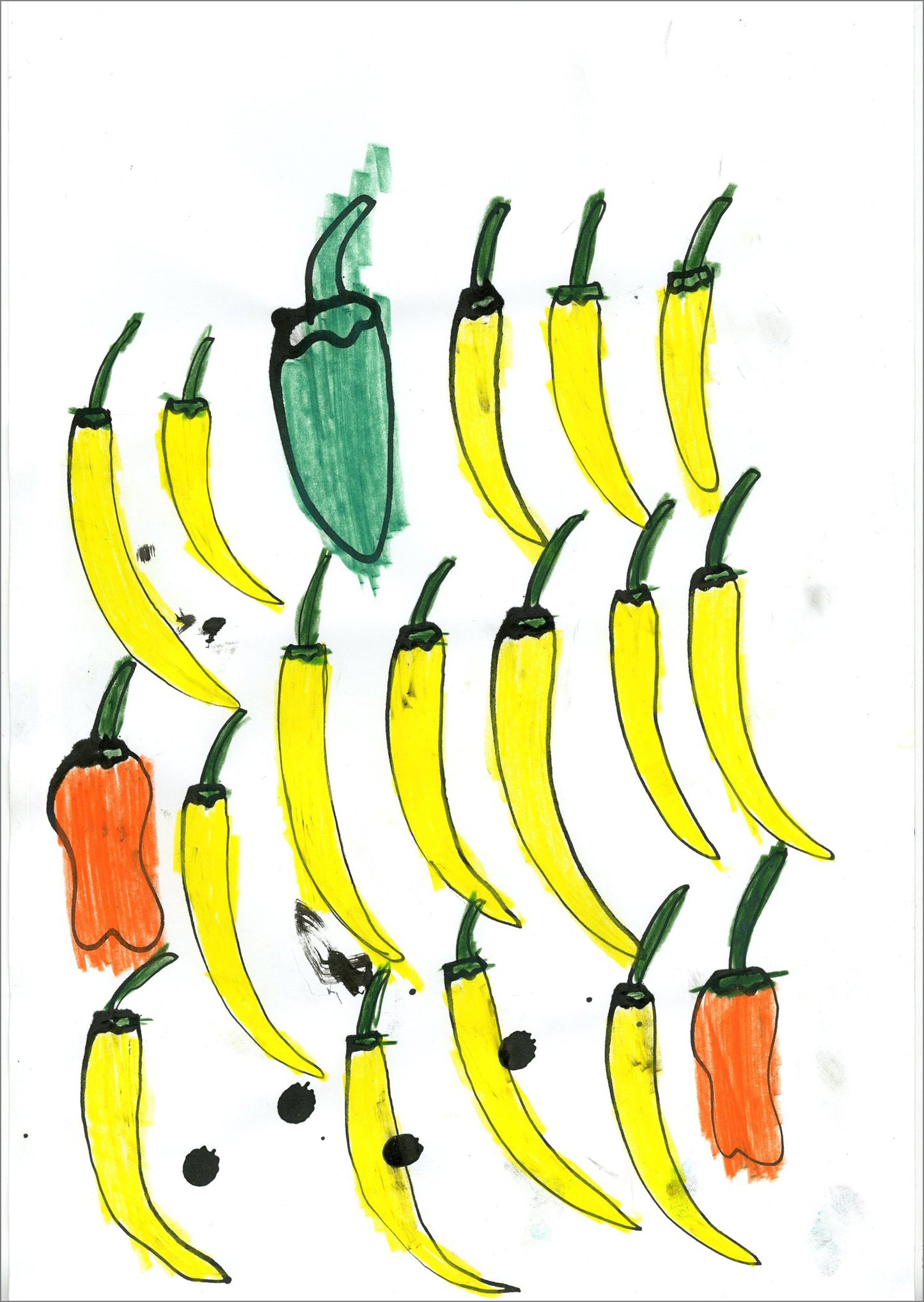 An ink and marker drawing on white paper. The image shows 3 rows of peppers. Most of the peppers are long yellow banana peppers. There is one green jalapeño pepper in the middle of the top row, and 2 orange hot peppers, one on either end of the lower rows.
