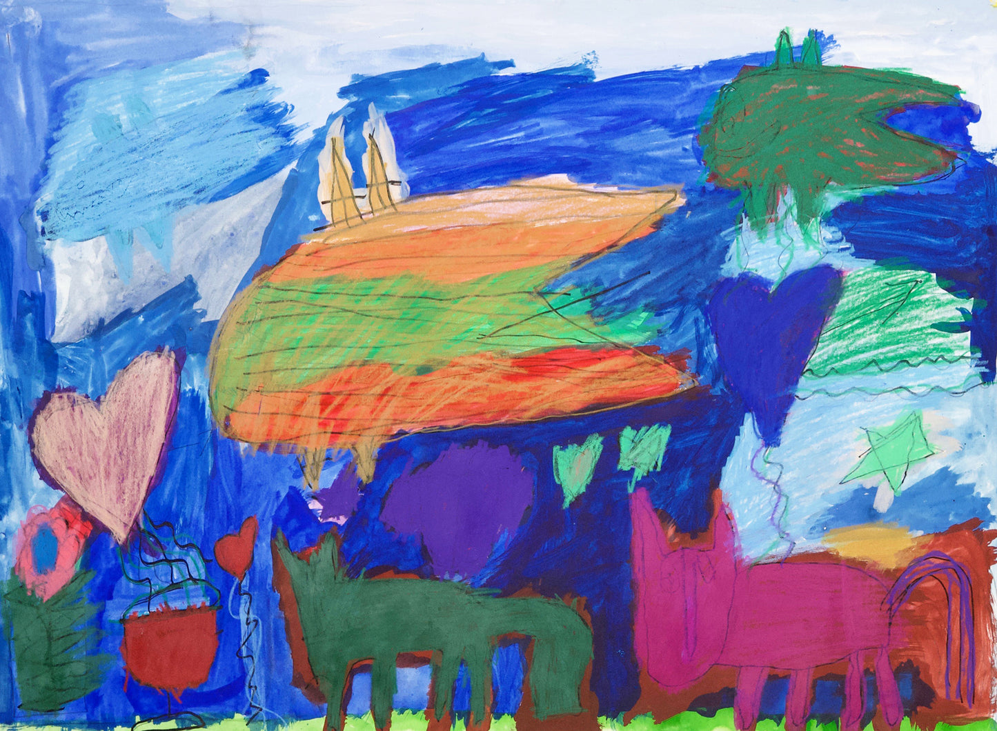 A drawing on paper, made using mixed media including pencil, marker, and pastel. Two creatures that resemble horses stand on the bottom edge of the drawing. One is colored green and the other is bright pink with a purple tail. Hearts, stars, flowers, and other creatures float in the space above the horses. The sky is colored in various shades of blue, creating a dramatic nighttime atmosphere.