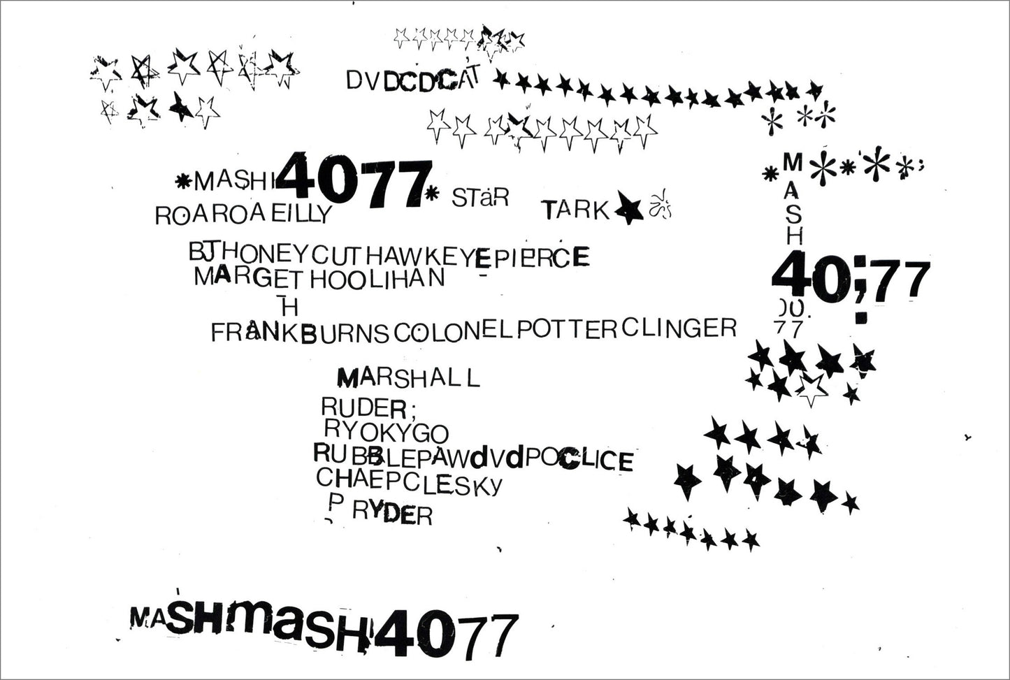 a letter press print on white paper. Black stars, letters, and numbers referring to tv characters from MASH are arranged in rows covering most of the surface of the page.