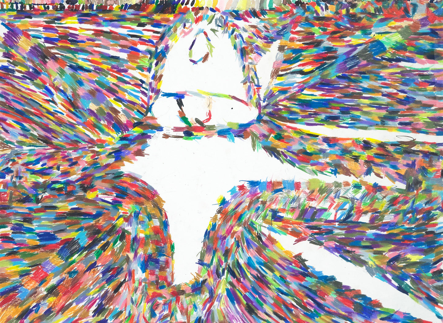 A colorful abstract artwork featuring a blend of vibrant lines and shapes. In the middle and in lower right corner, there is negative white space.